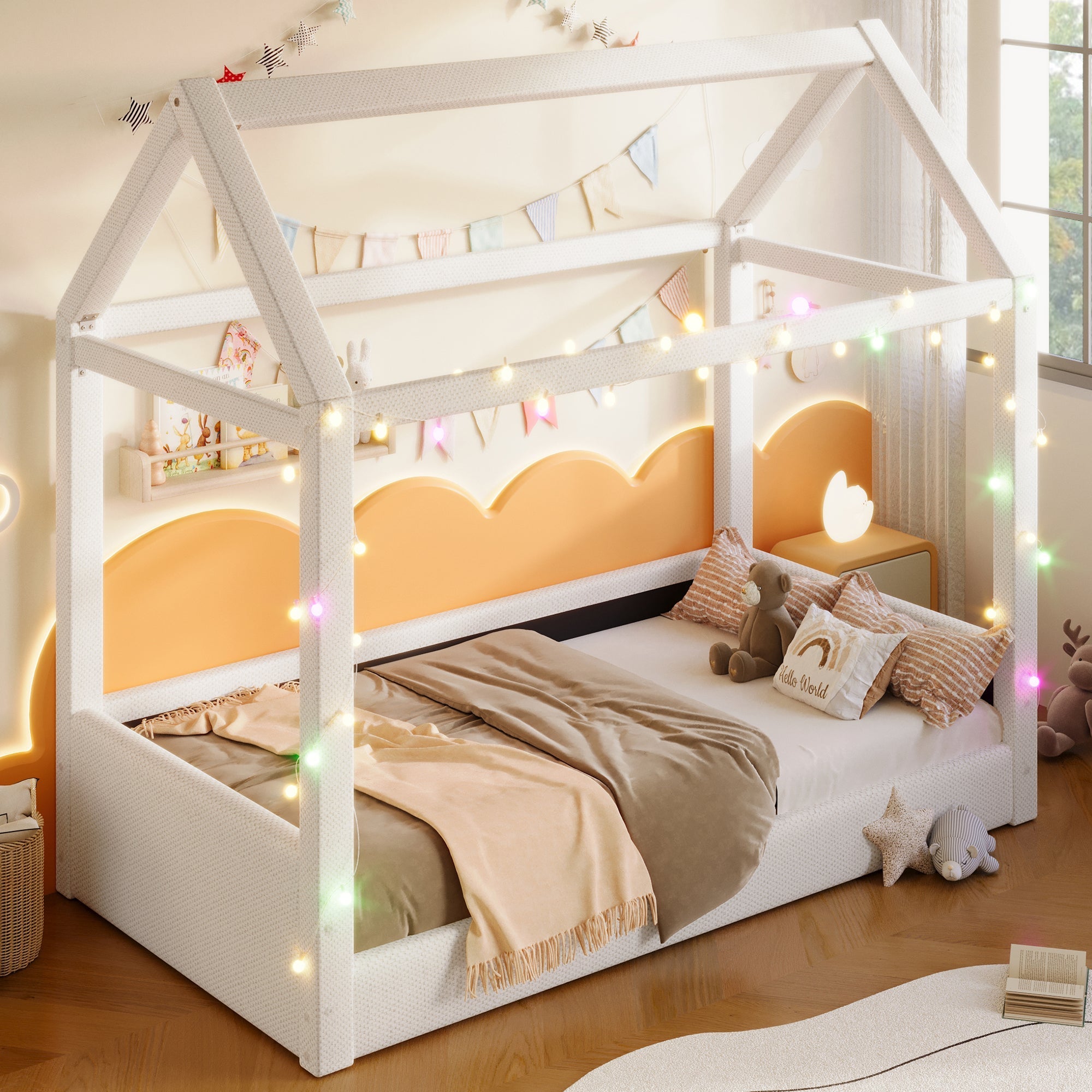 Upholstered Daybed 90x200cm LED Light Strips - Beige