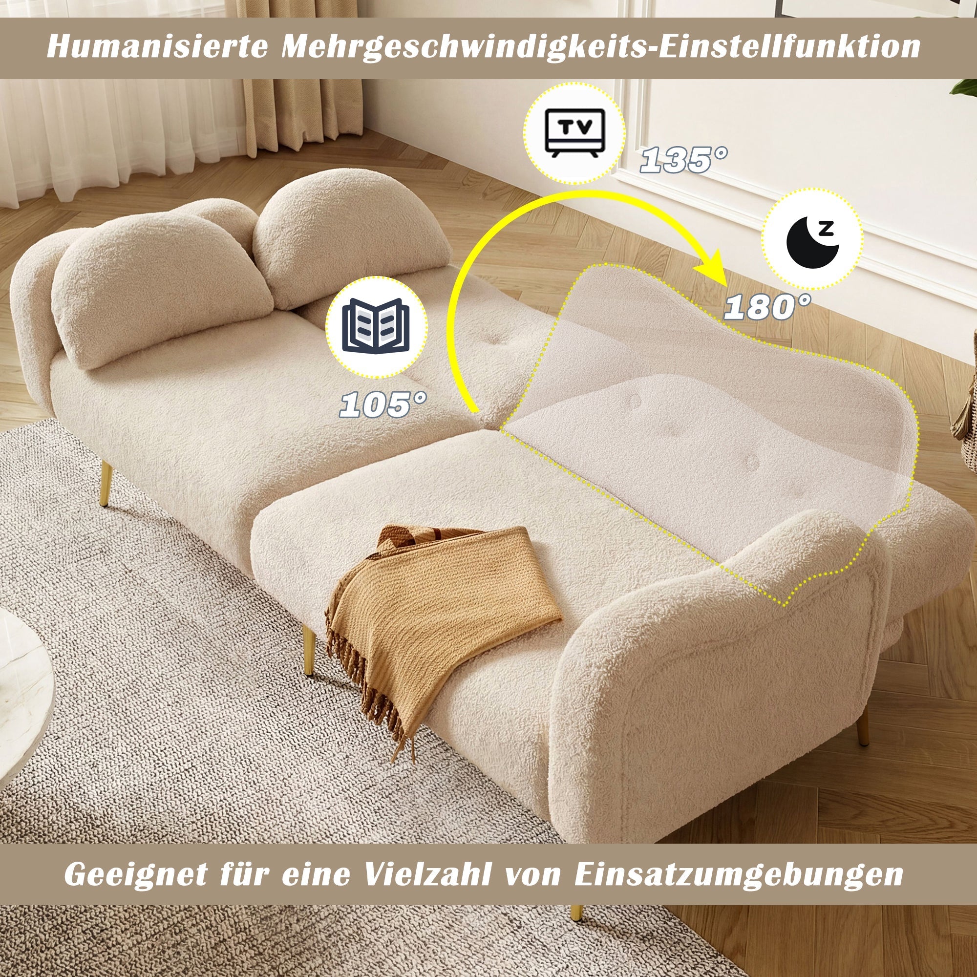 Sofa Bed 2-Seater Adjustable Backrest Gold Metal Feet
