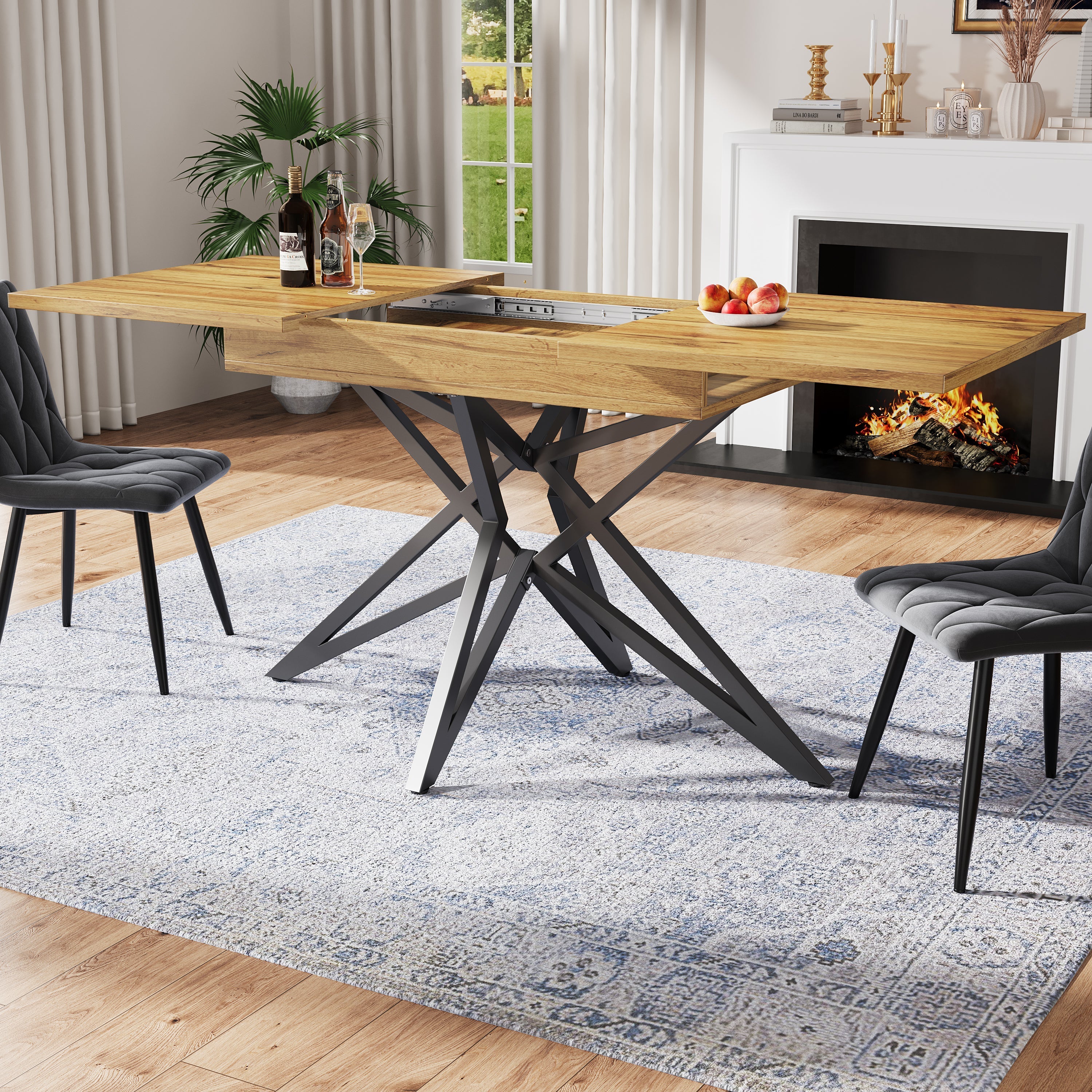 Extendable Dining Table with Star-Shaped Legs, Walnut and Marble Look