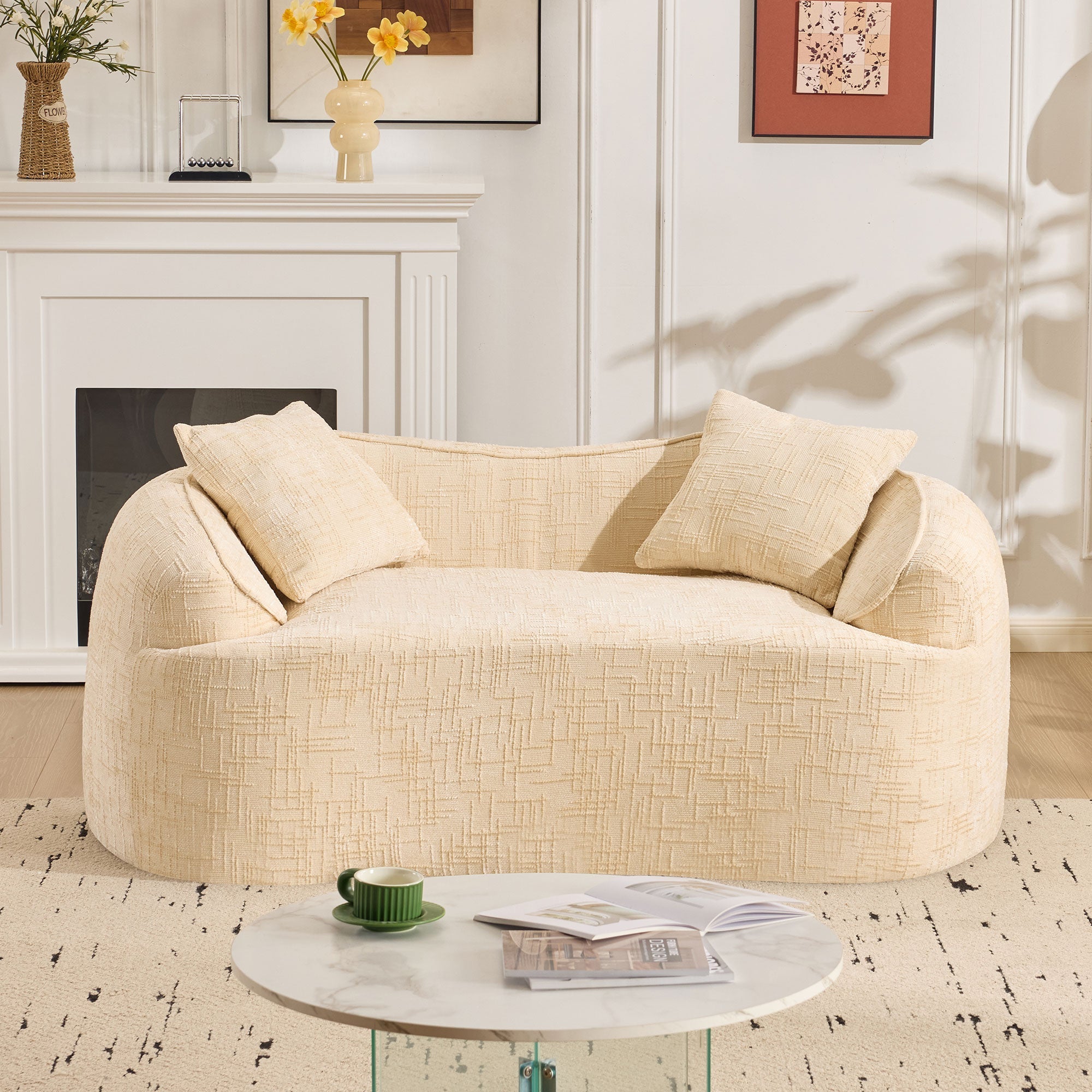 Curved Compression Sofa 2-Seater Armrests & Cushions - Beige