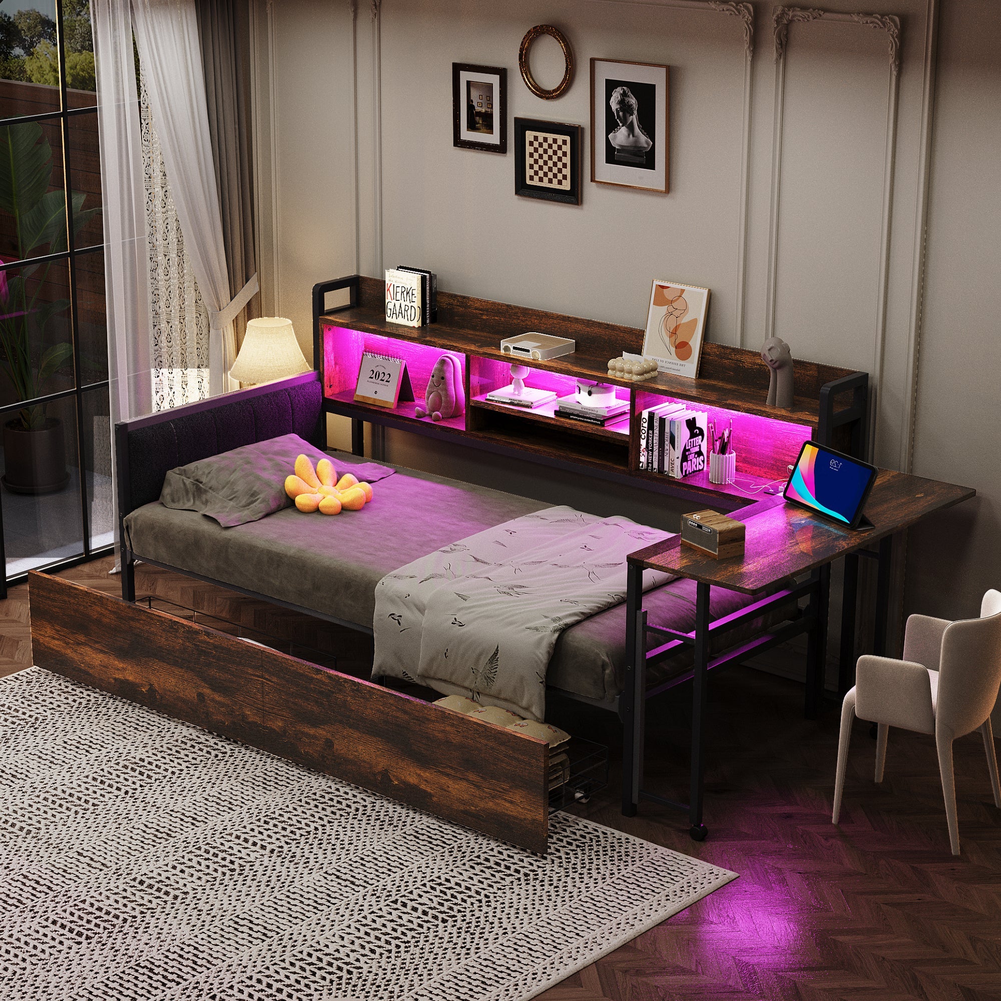Iron Sofa Bed 90x200cm LED Storage Drawers Fold-Out Desk, Wood Color
