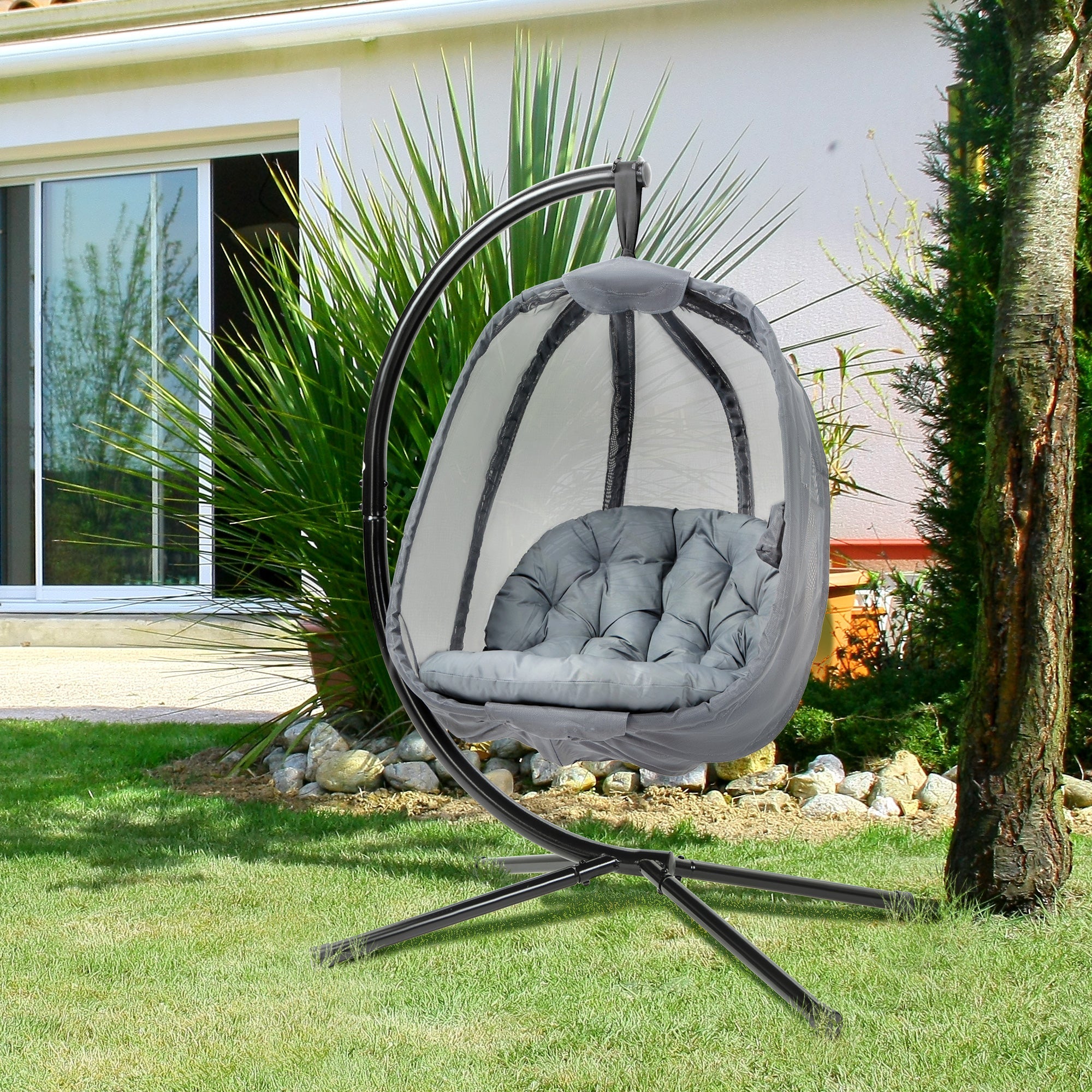 Hanging Egg Chair, Folding Swing Hammock with Stand, Grey