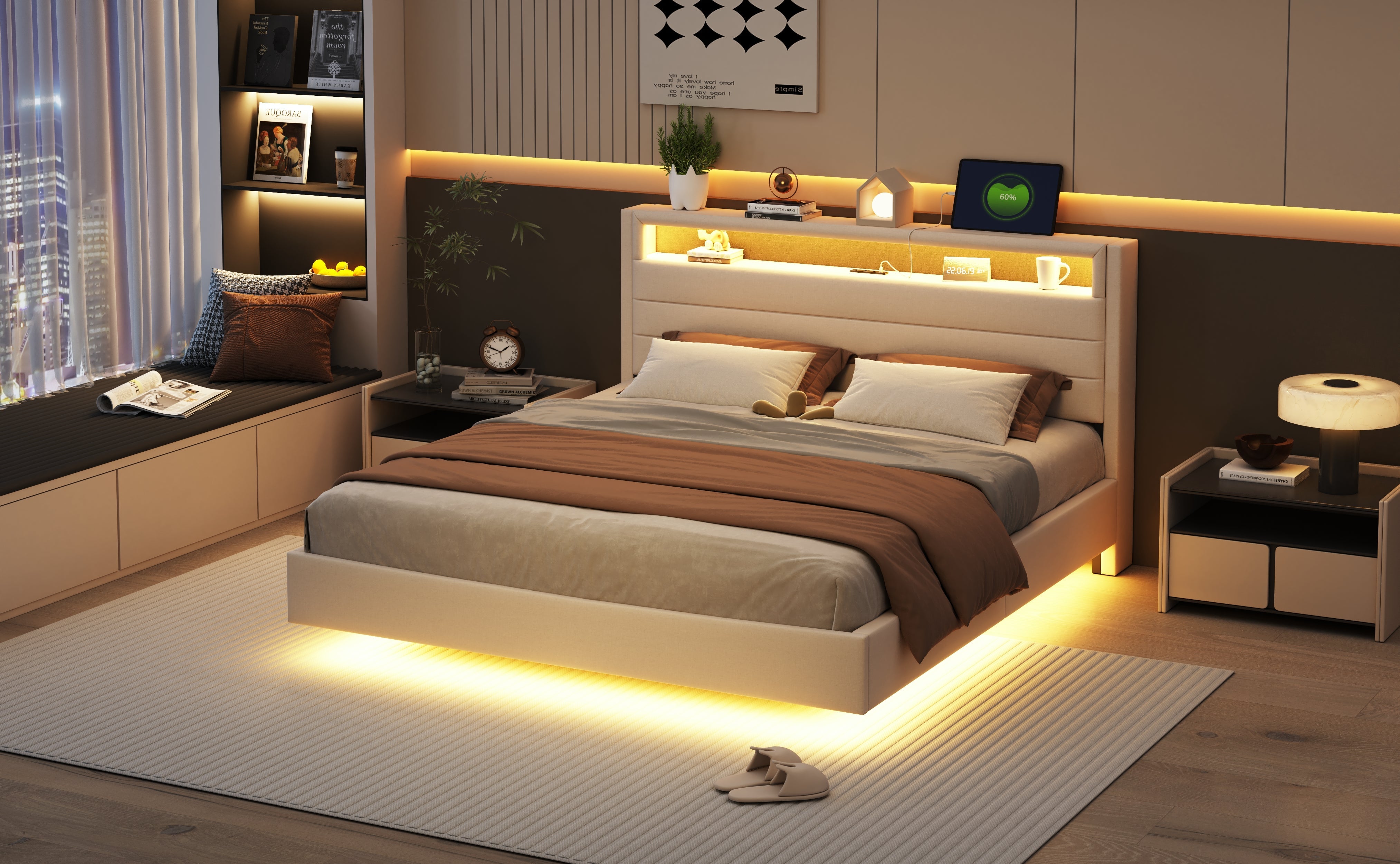 Upholstered Bed 160x200 cm, USB & LED, Reversible Headboard, Linen Fabric Beige