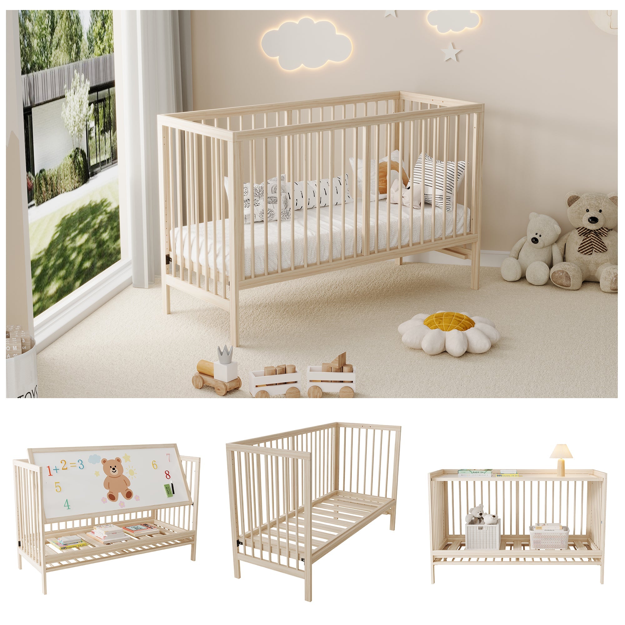 Wooden Baby Bed, Multifunctional Convertible Side Bed/Desk, Spruce, Natural Color