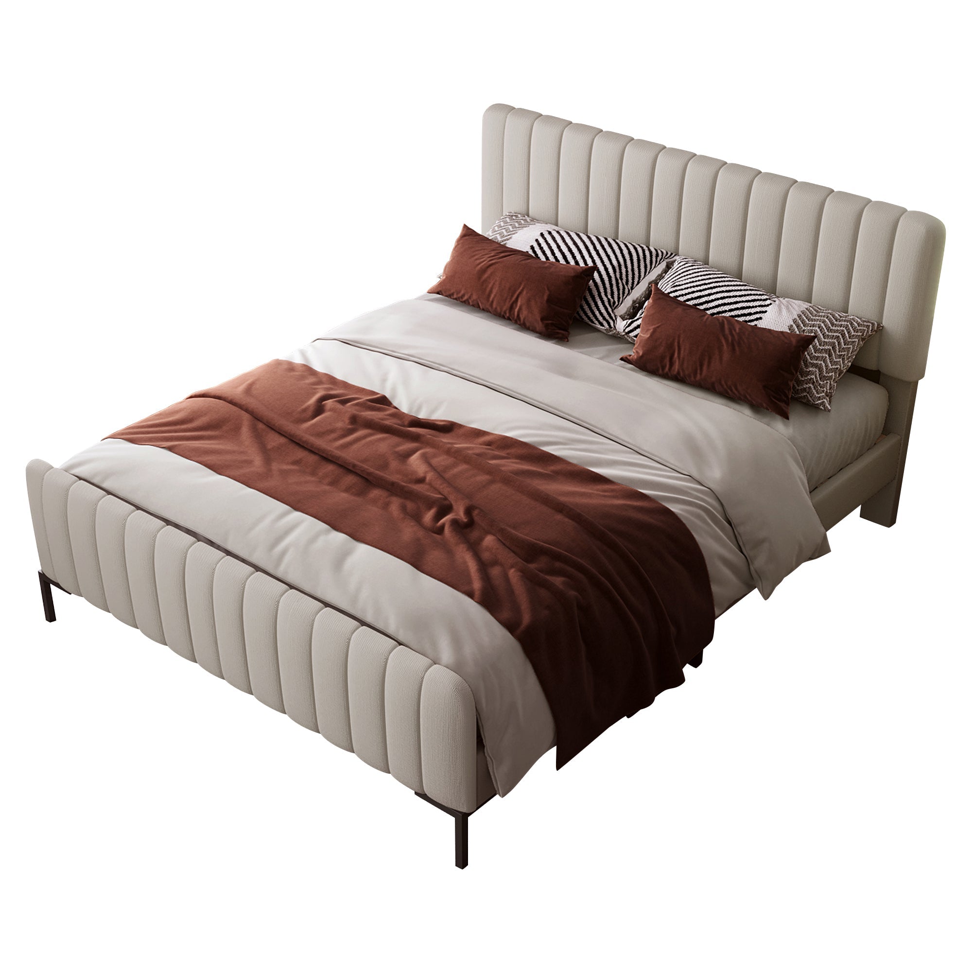 Upholstered Bed Double Bed 180x200cm with Slatted Base and Adjustable Headboard, Grey-Beige Linen