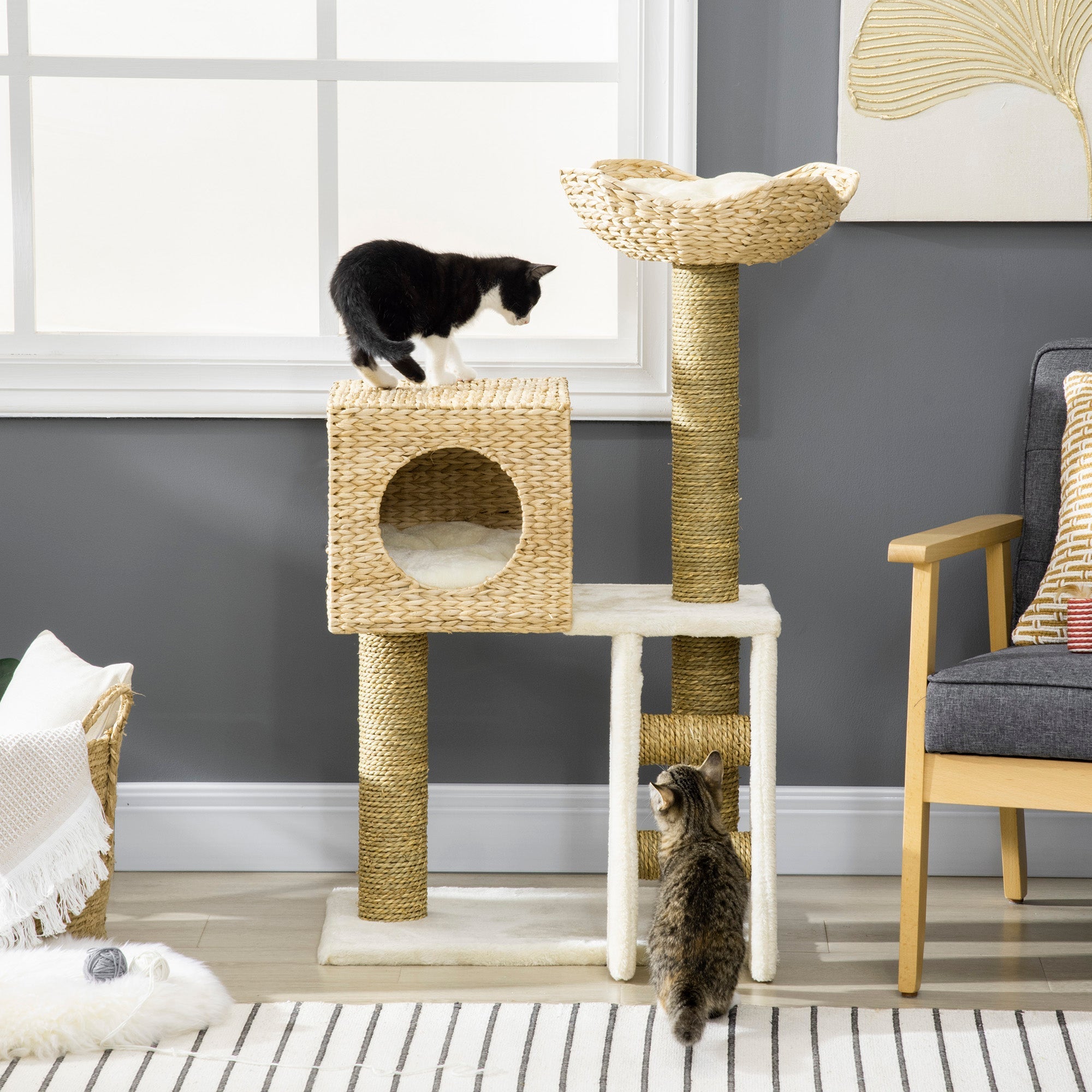 Katzenkratzbaum, 100,5 cm hoch, Katzenhöhle, Bett, Treppe, Sisal, Natur