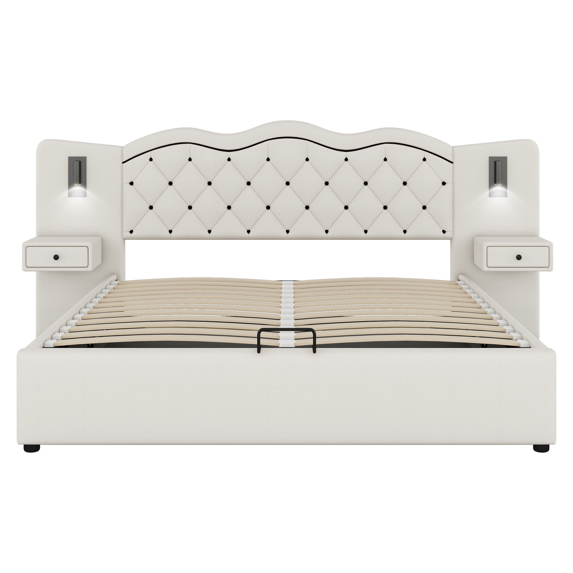 Upholstered Bed 180x200cm Hydraulic Lift Storage Headboard USB Lamps - Beige