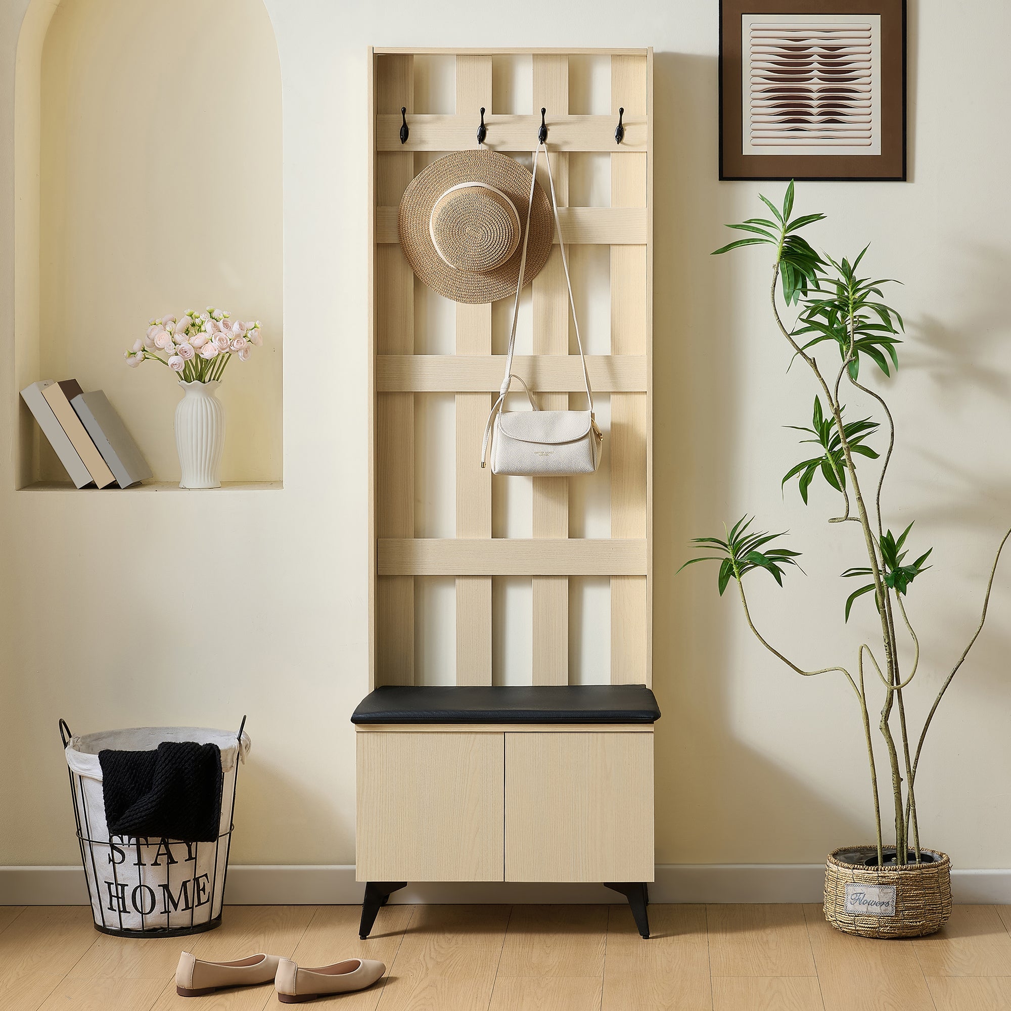 Modern Wardrobe with Bench and 4 Hooks, Storage, Black Steel Legs