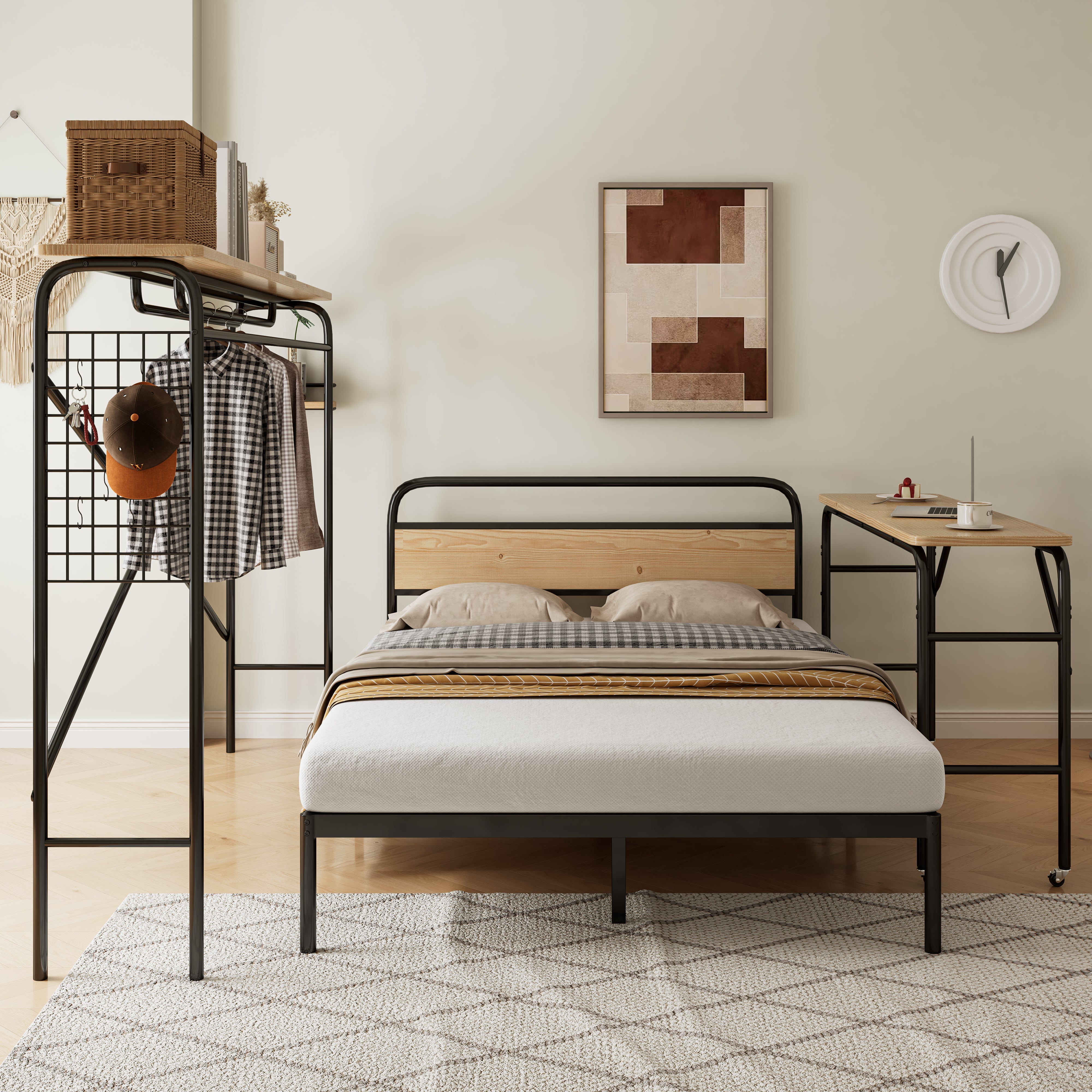 Metal Bed, Flat with Table & Coat Rack, Black & Natural Wood