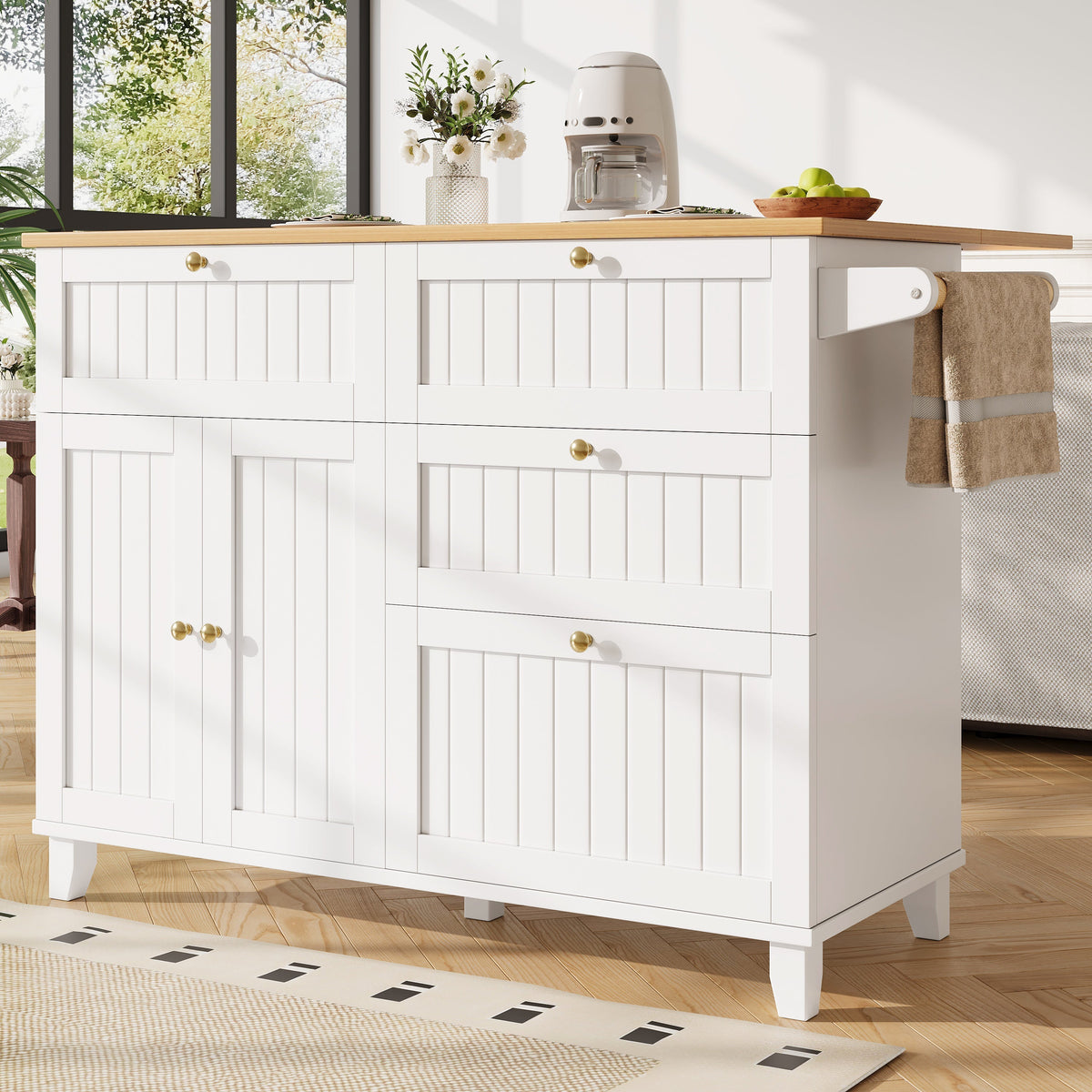 Modern Kitchen Island Extendable Dining Table Storage & Mobile - White