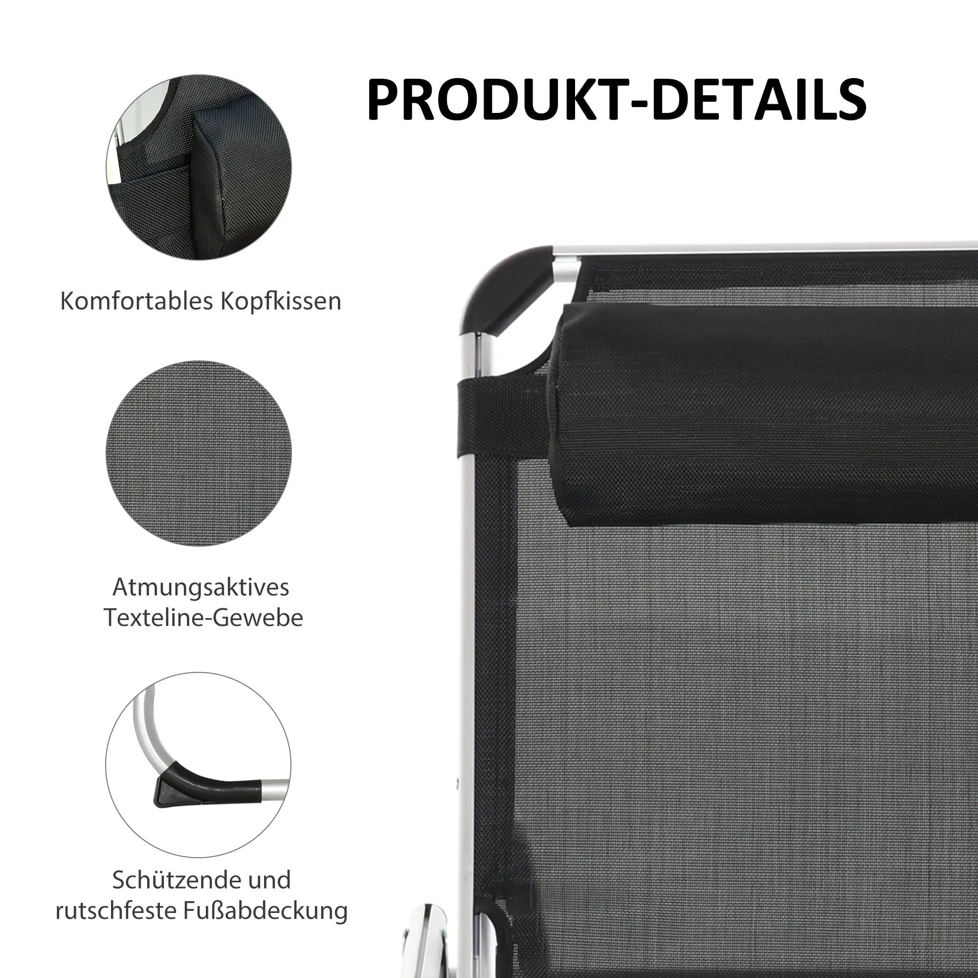 Sun Lounger Adjustable Foldable Ergonomic 170x60x76cm Mesh Fabric Black