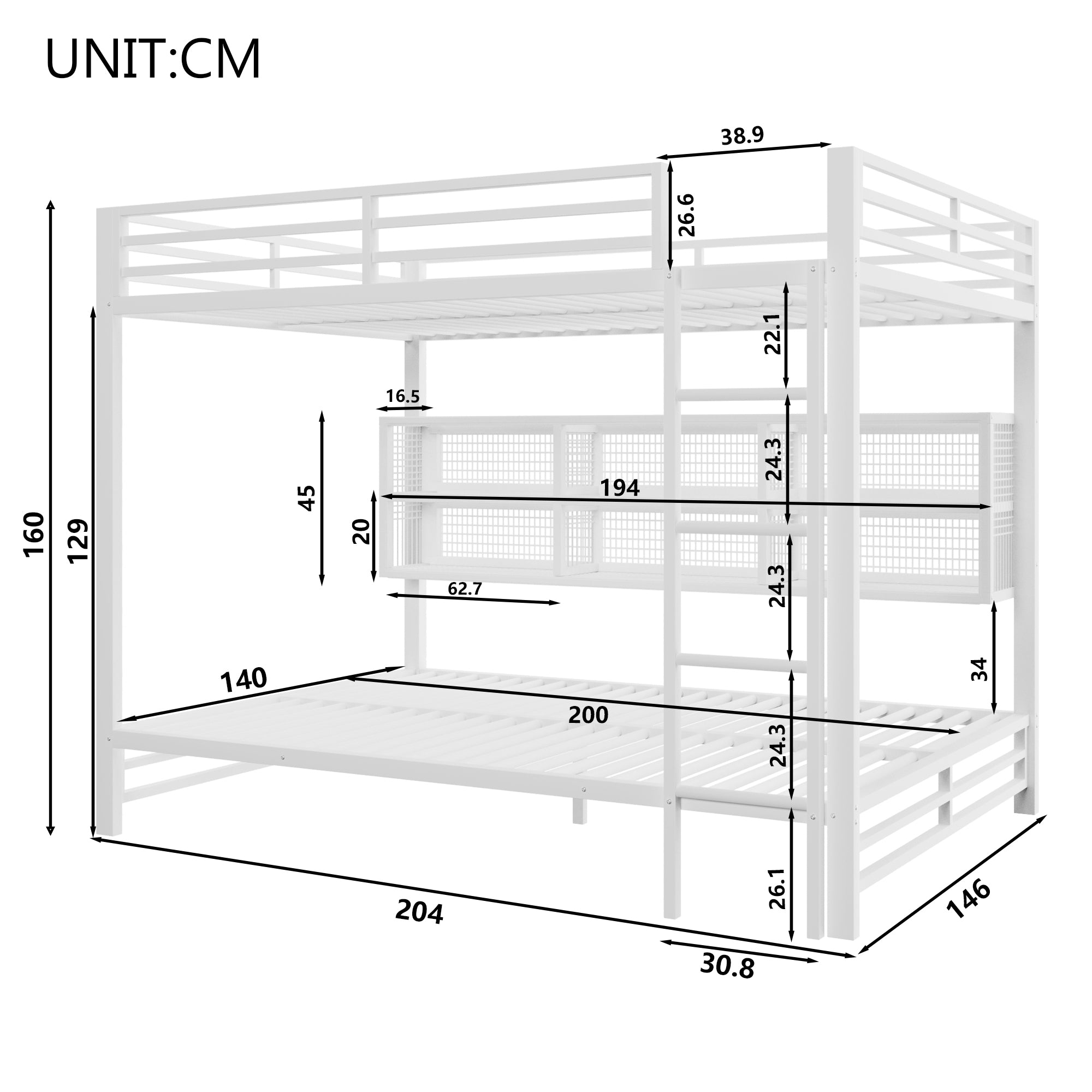 140x200 Bunk Bed with Storage Cabinets and LED Light, White
