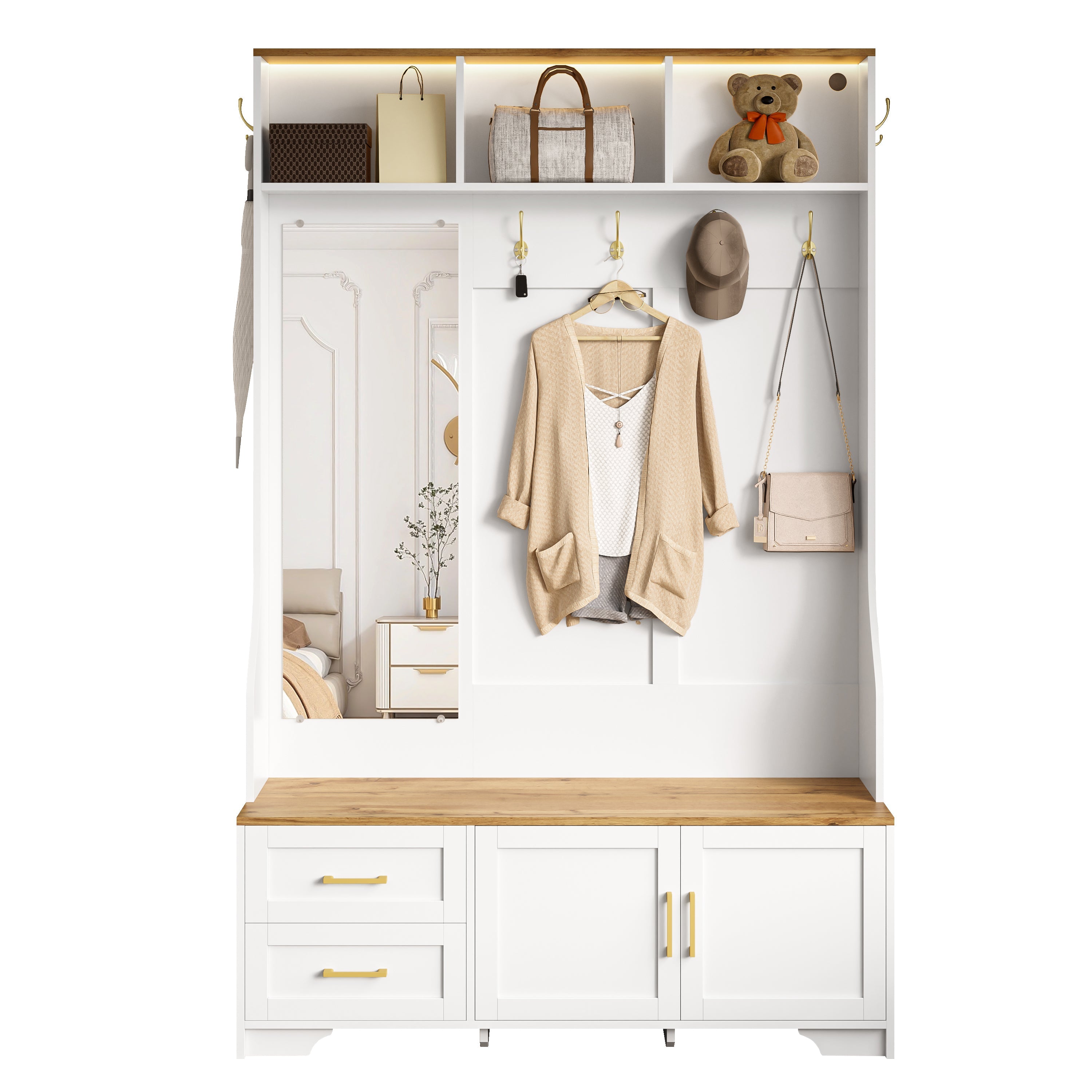Hallway & Shoe Cabinet, LED, Mirror, Hooks, Drawers, Wood White