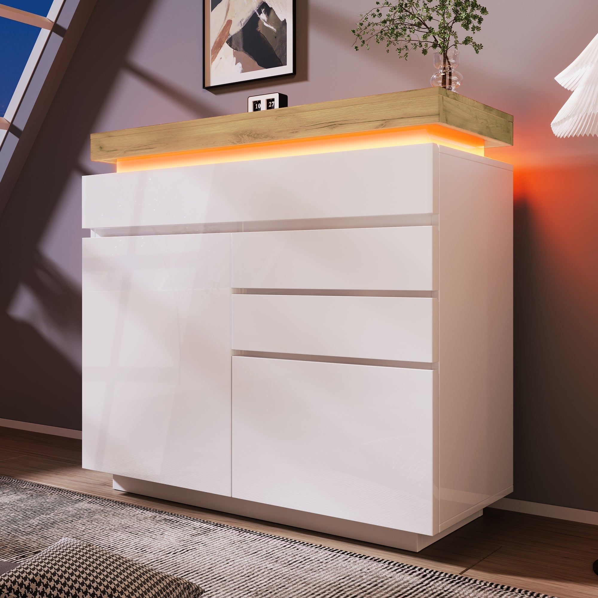 Chest of Drawers, High-Gloss Sideboard Cabinet with 2 Doors & 3 Drawers, RGB LED Storage, Multi-purpose, White