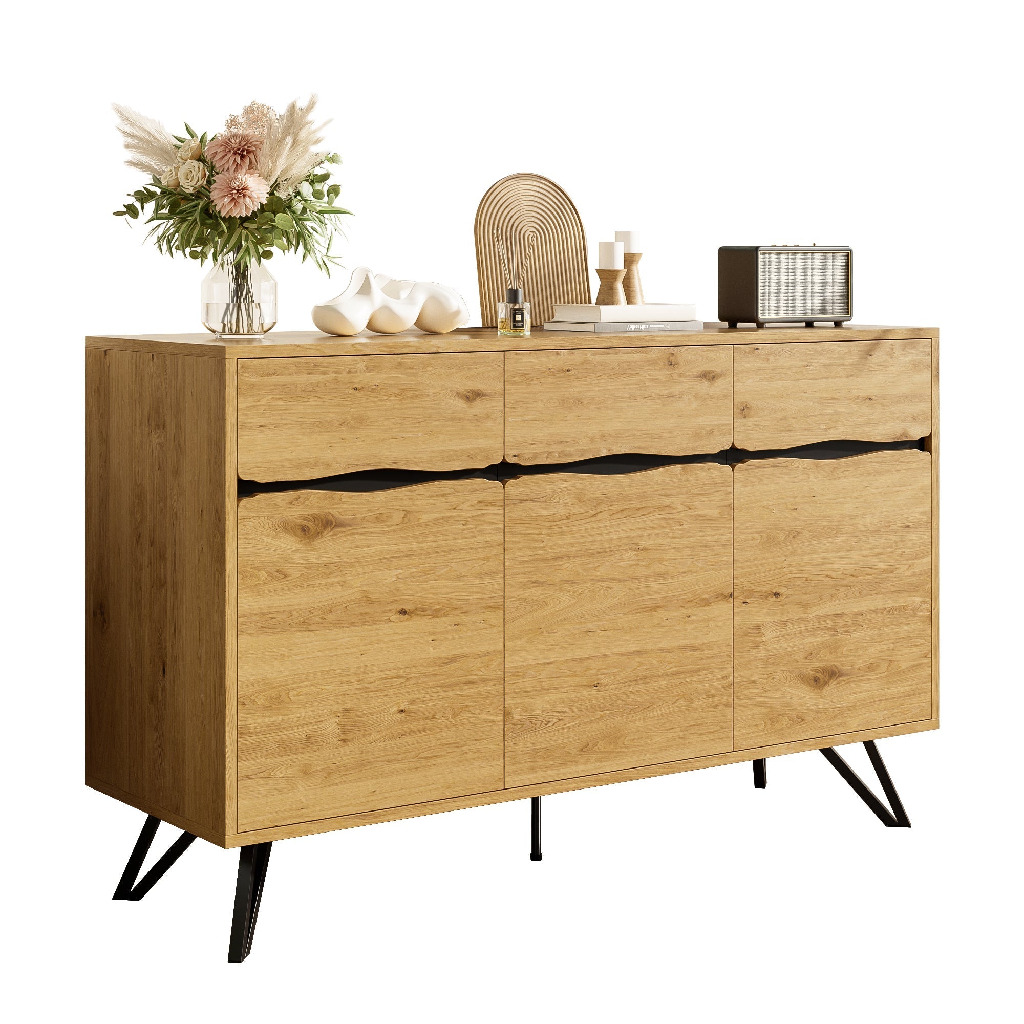 3-Door Sideboard - Modern Design, Storage, Stable, Easy to Clean, Wood Look