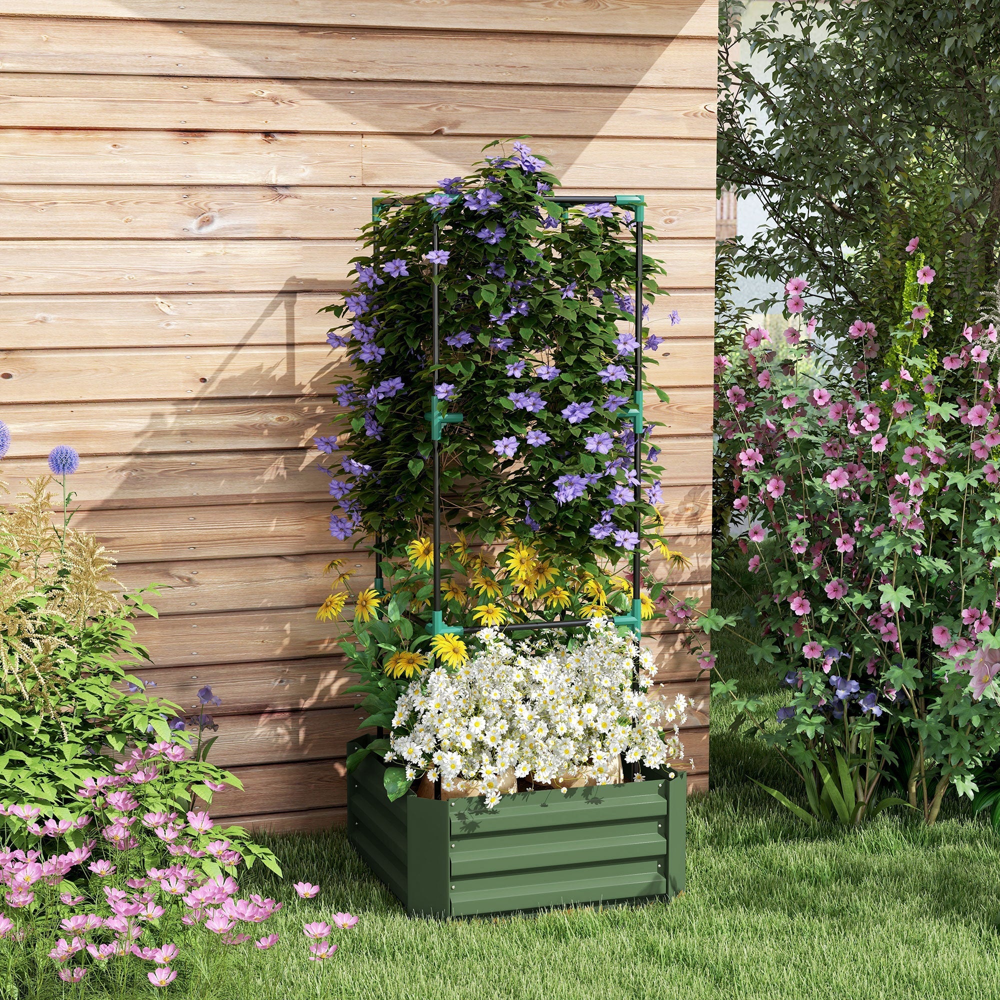 Raised Garden Bed with Trellis Flower & Vegetable Planter, Galvanized Steel, Green