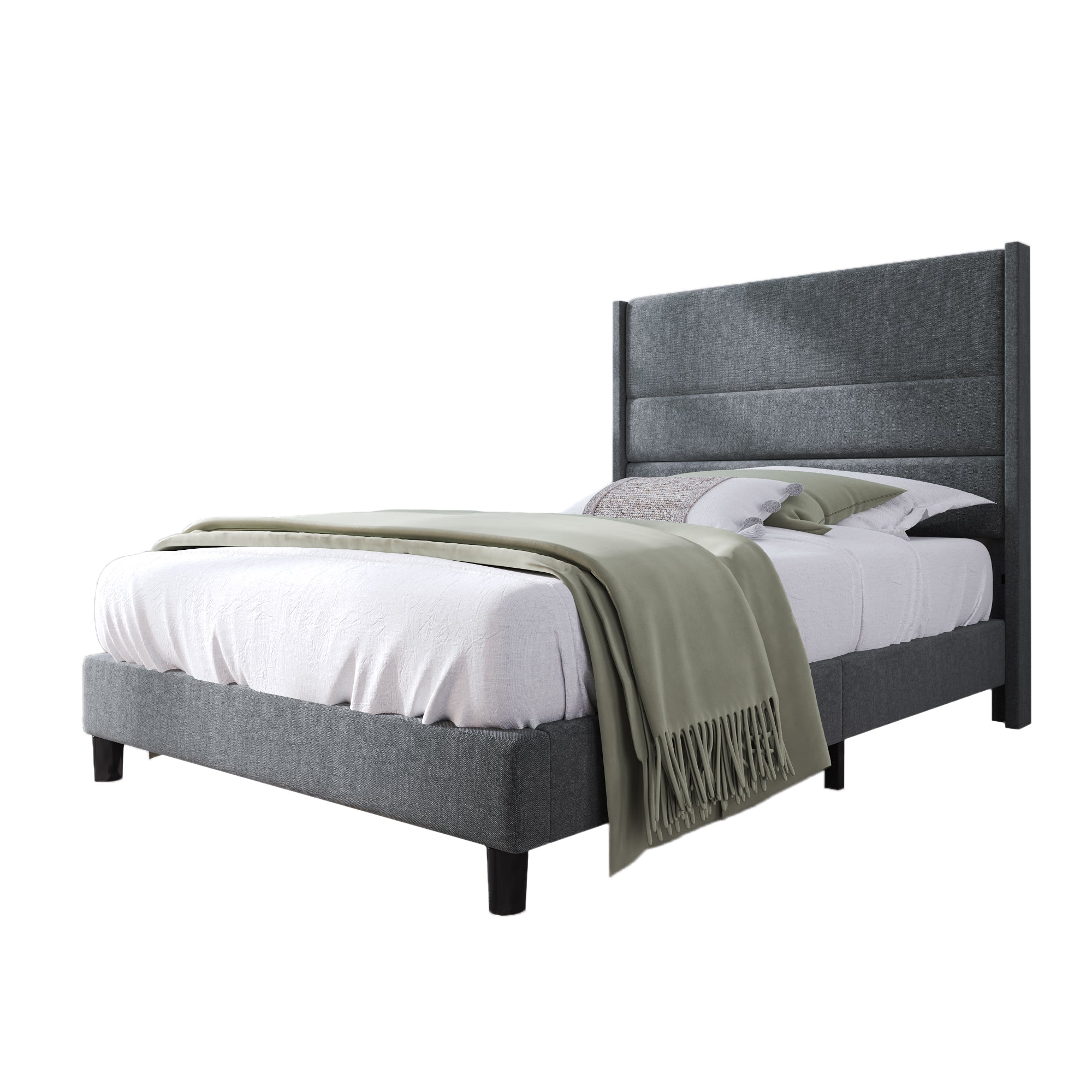 Upholstered Bed: Slatted Frame & Headboard, 90x200cm, Grey Linen