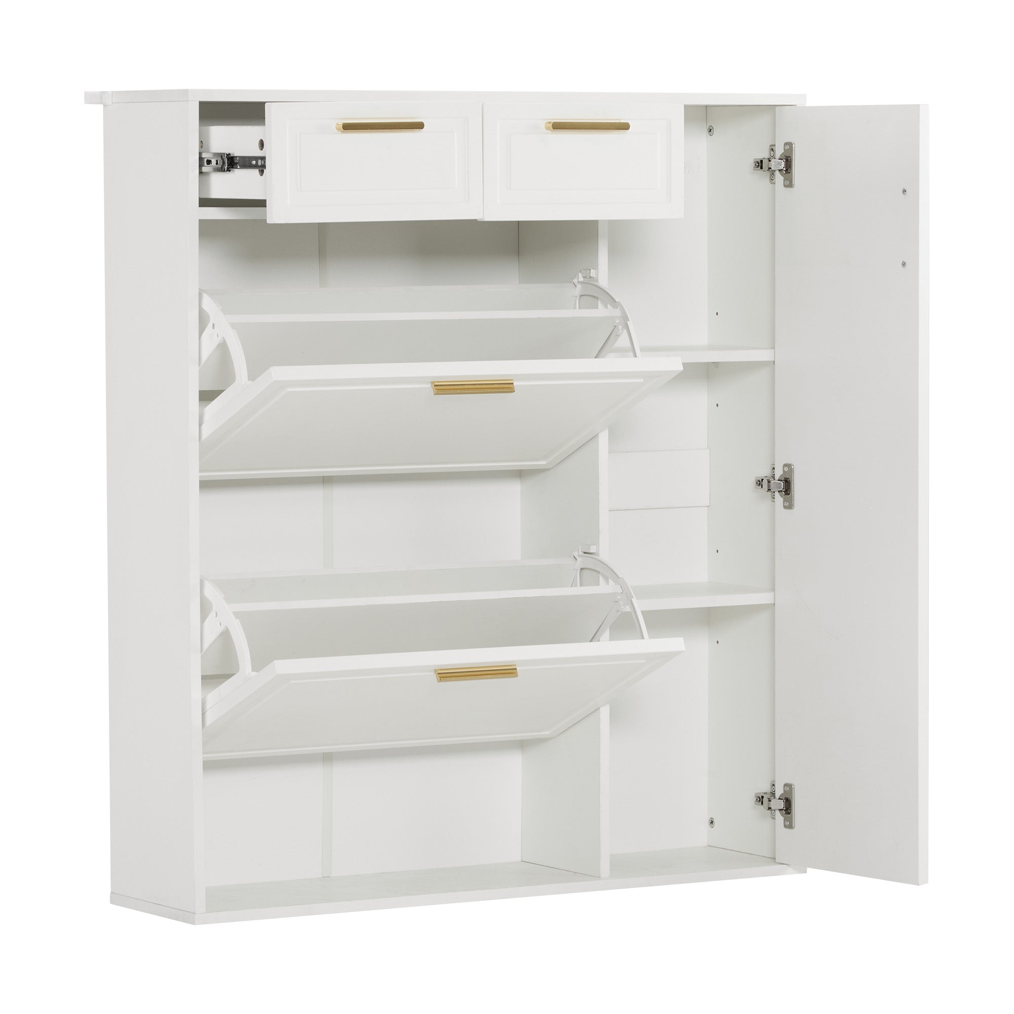 Modern Shoe Cabinet, adjustable shelves, gold handles, drawers, folding, white