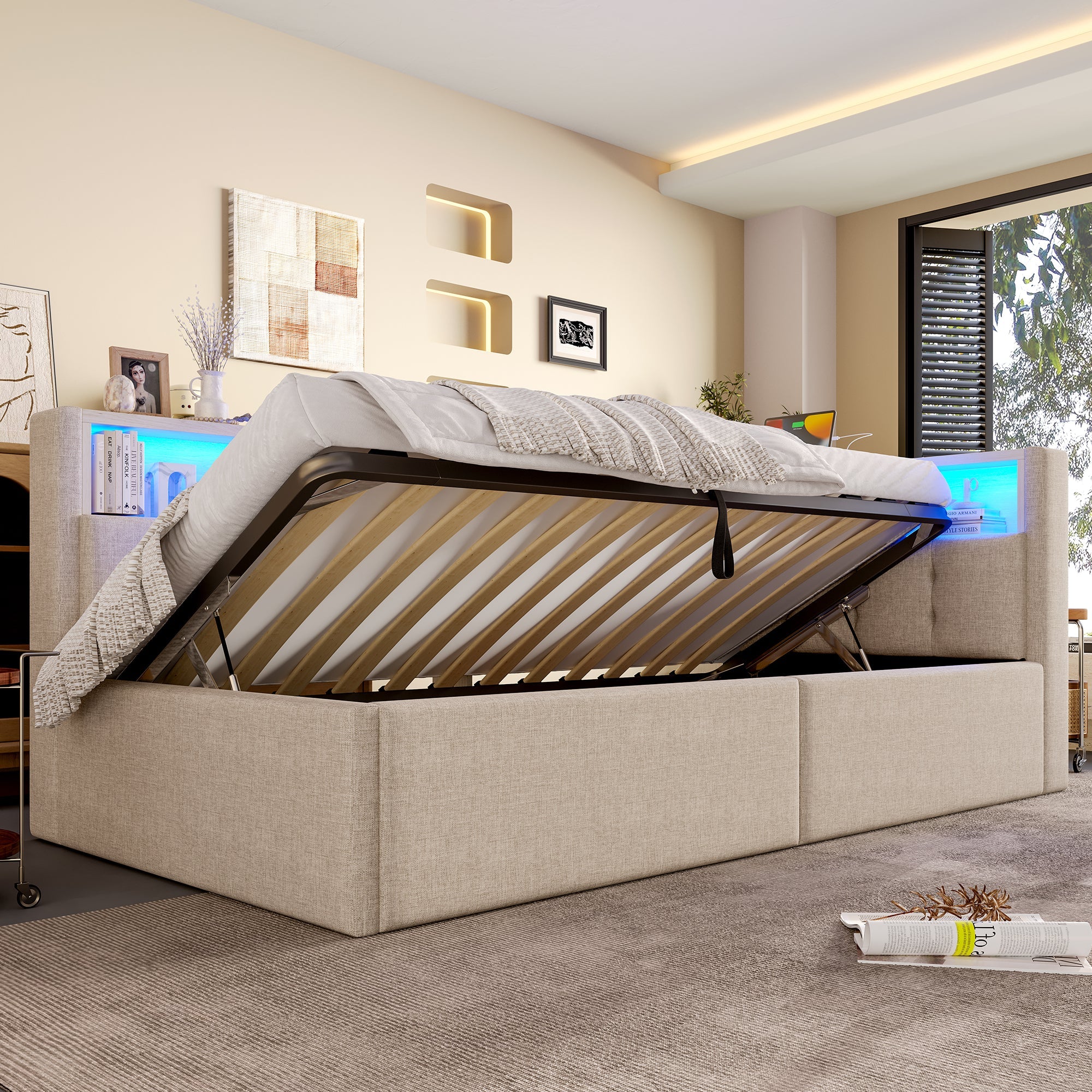 Daybed with USB Ports, Hydraulic Storage and LED, 90x200cm, Beige Linen