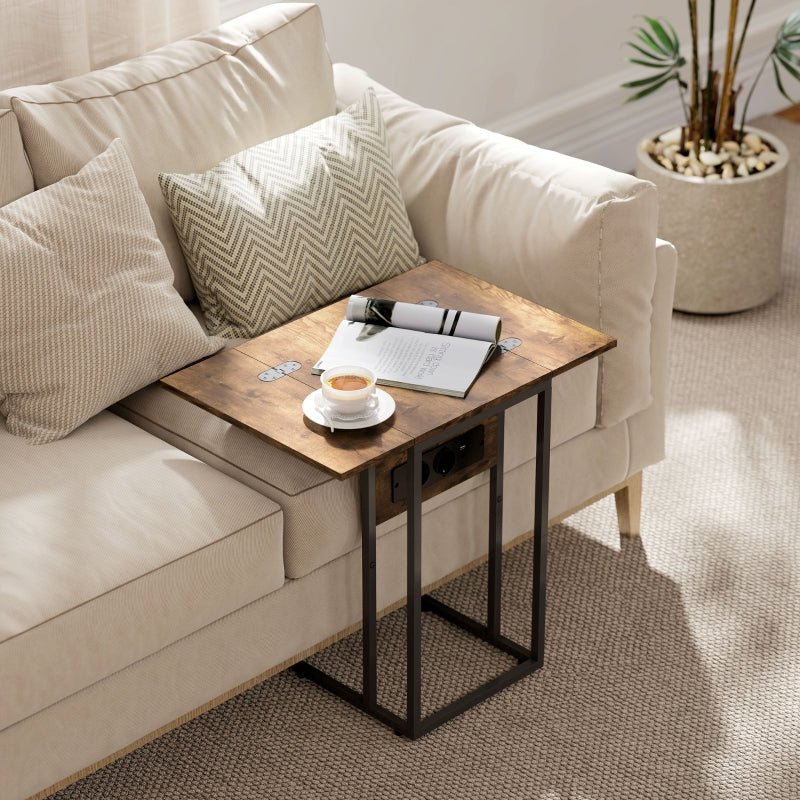 Foldable Side Table USB Charging Station 39x29x57cm - Brown Metal