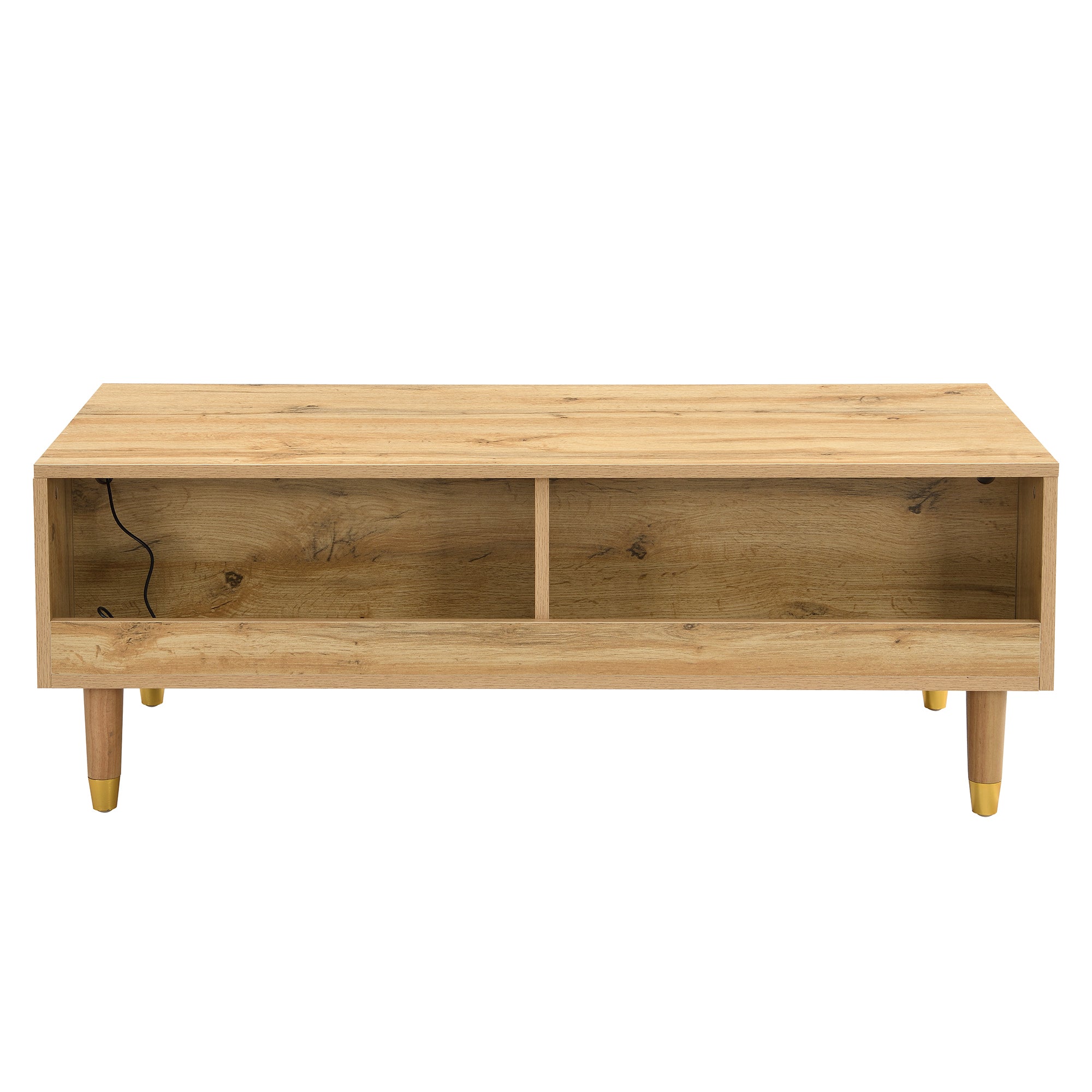 LED coffee table with wavy drawer top, two drawers, gold-wood