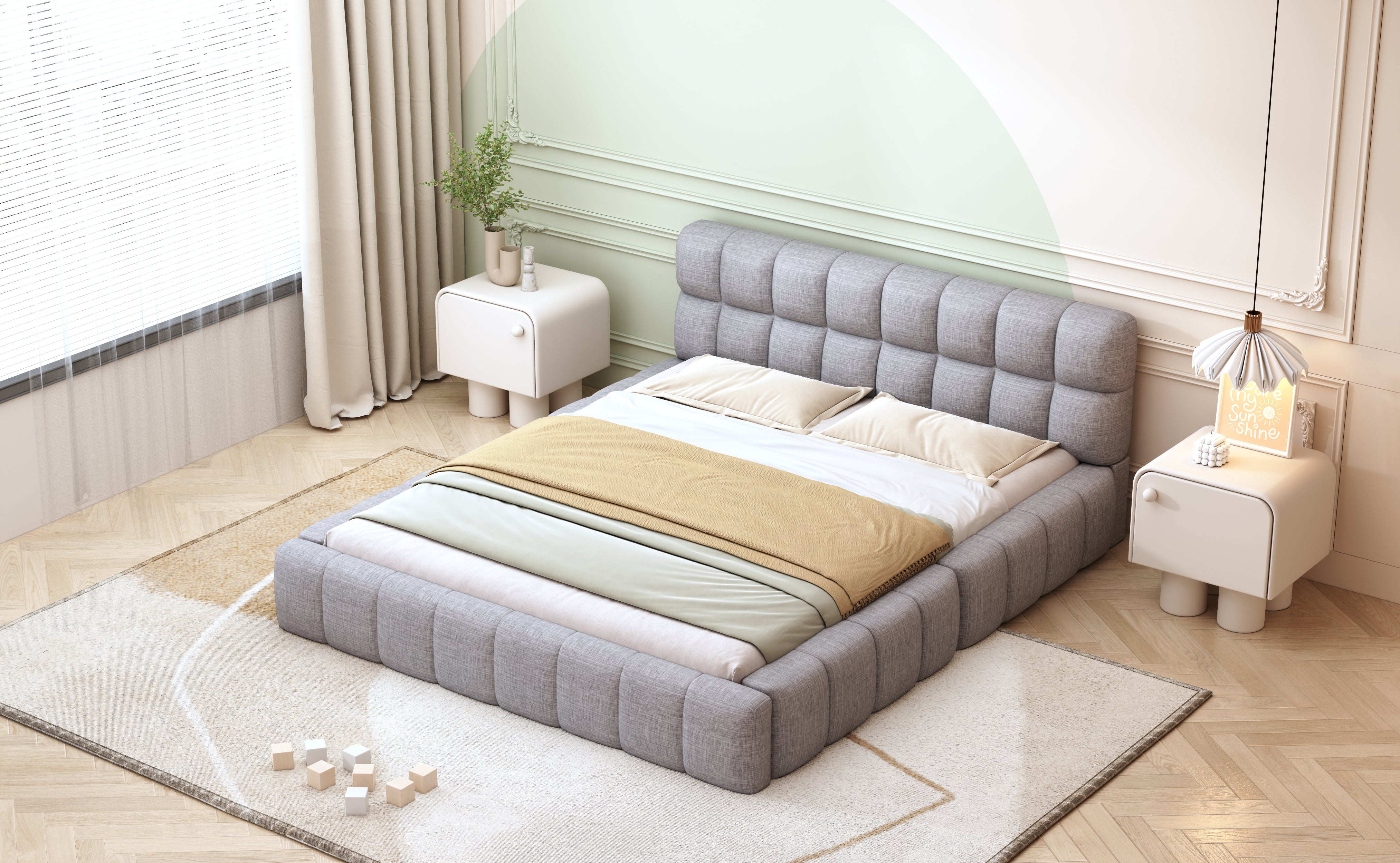 Upholstered Bed 140x200cm Double with Soft Backrest, Linen Grey