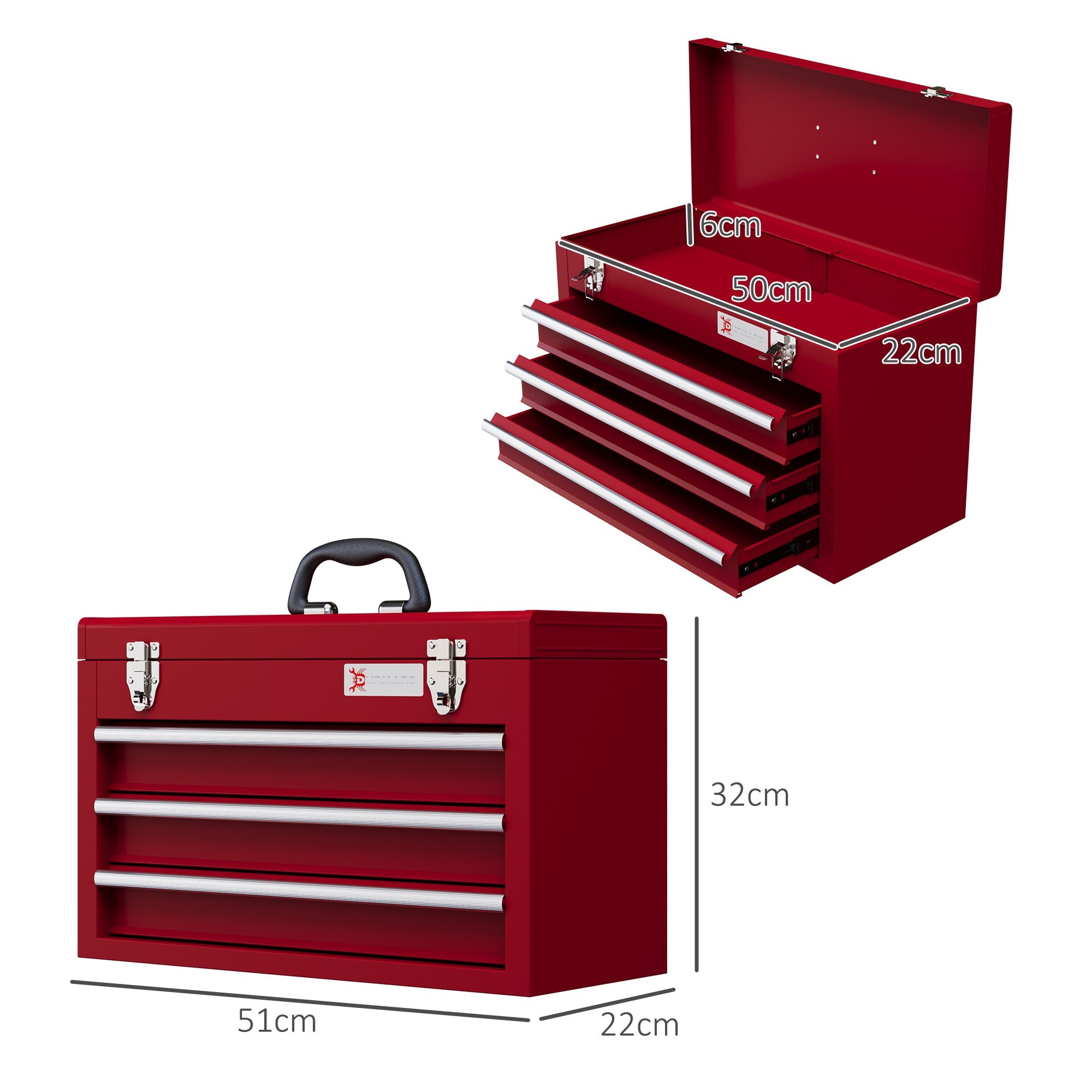 DURHAND empty tool case with 3 drawers and upper storage compartment, steel, red