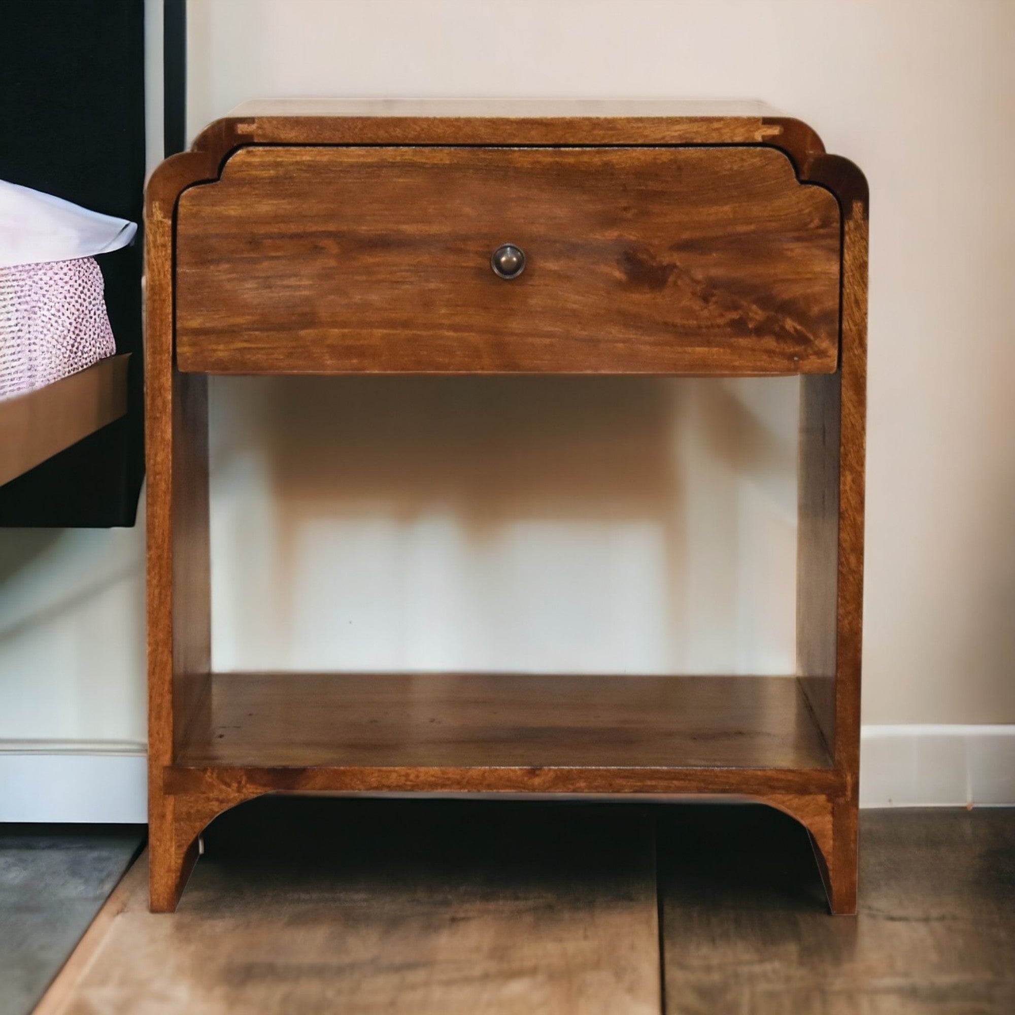 Newton Bedside, 1 Drawer and Open Shelf, Solid Wood Dark Brown