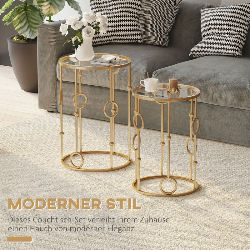 Set of 2 Coffee Tables, Glass Tops, Hoop and Ball Design, Gold