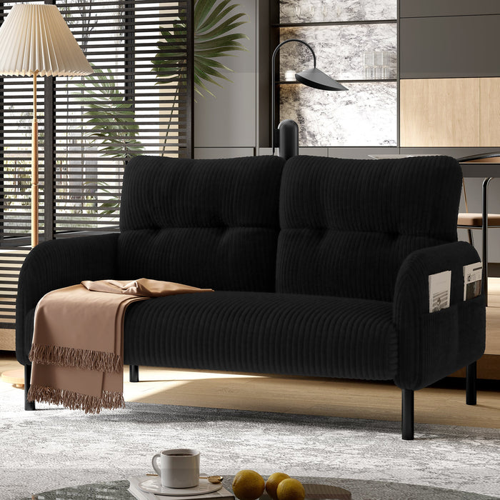 Two-Seater Sofa, Comfort Padding High Backrest Side Pockets Metal Feet, Corduroy