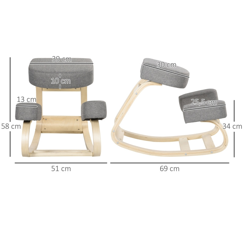 Vinsetto kneeling chair ergonomic upholstered stool for healthy sitting, birch wood grey