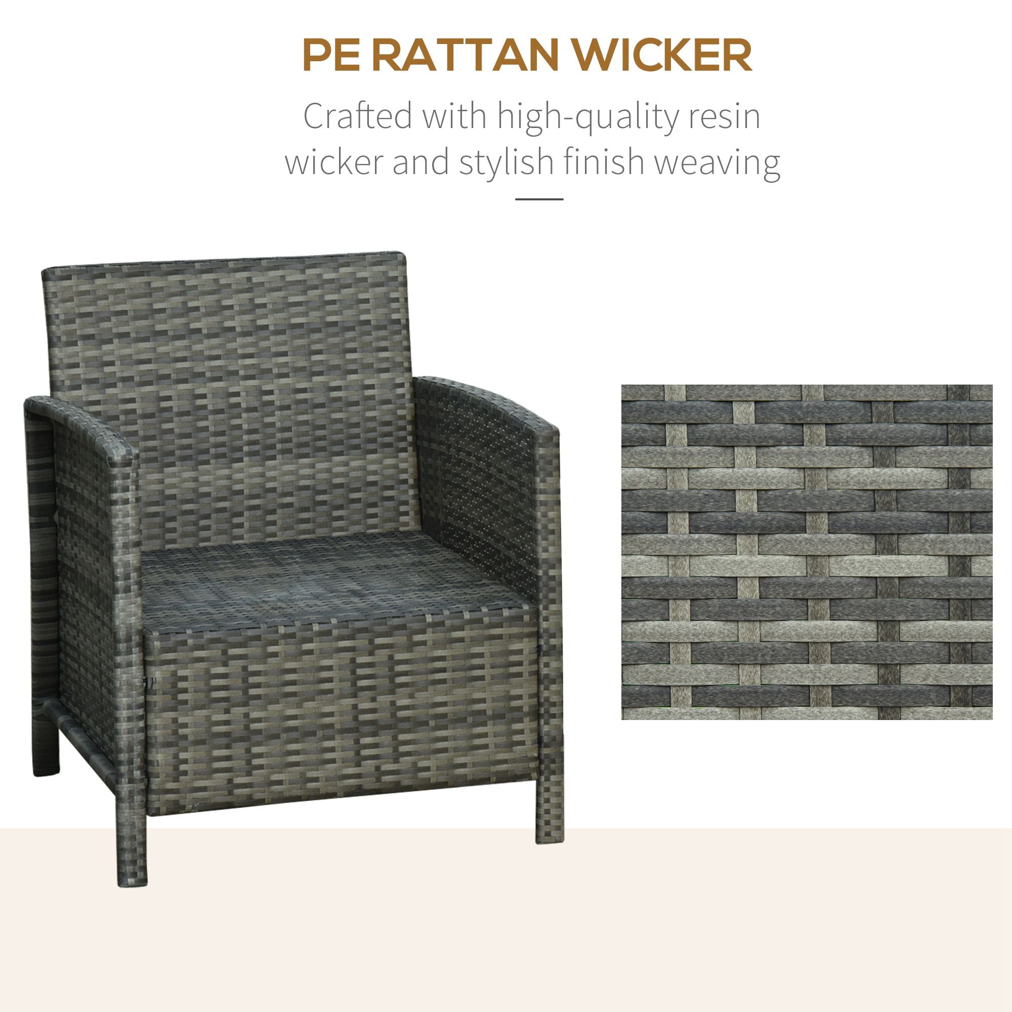 3 Pieces Rattan Bistro Set, Wicker Garden Furniture with 2-Tier Glass Top Table, Grey