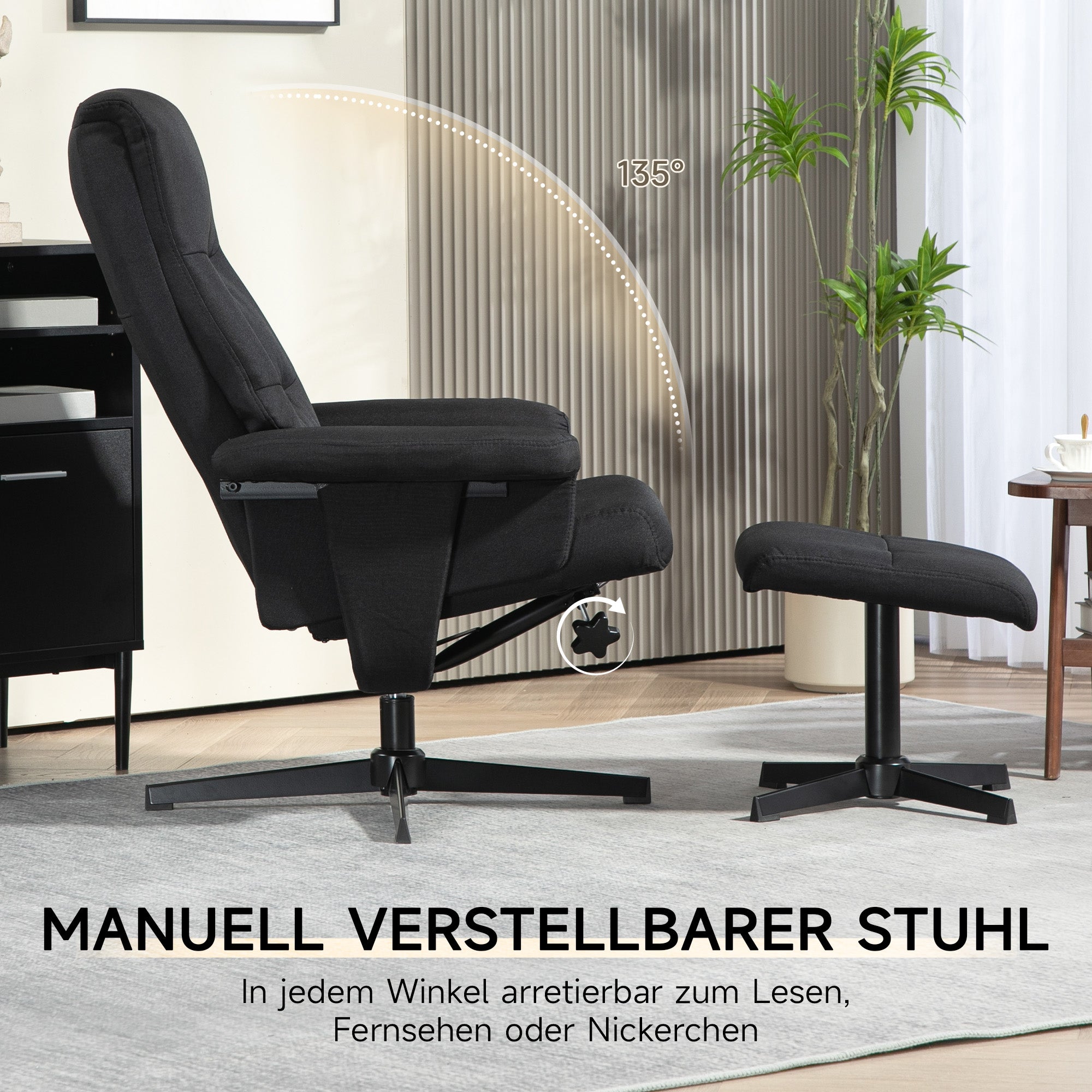 Reclining Armchair with Footstool, Swivel & Rocking Function, Velvet Look, Black