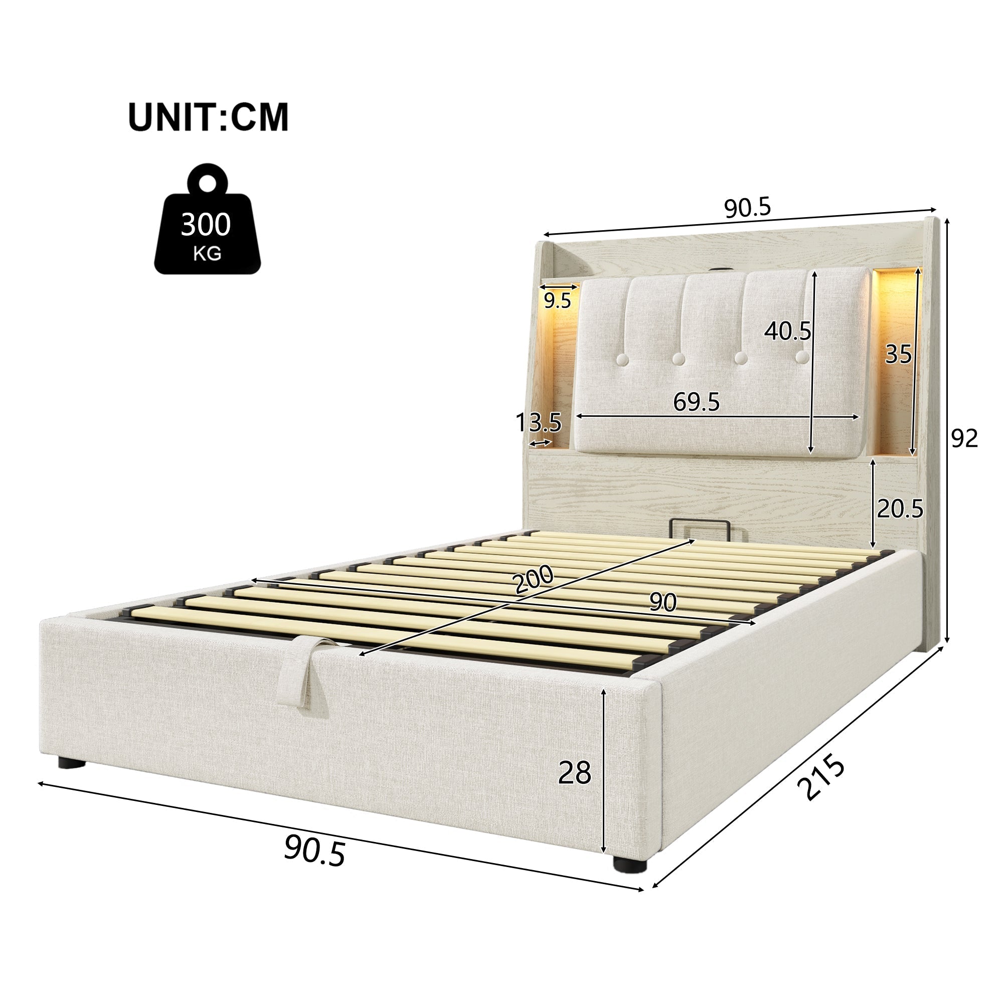 Upholstered Bed 90x200cm Storage LED USB/Type-C App Control - Linen Beige