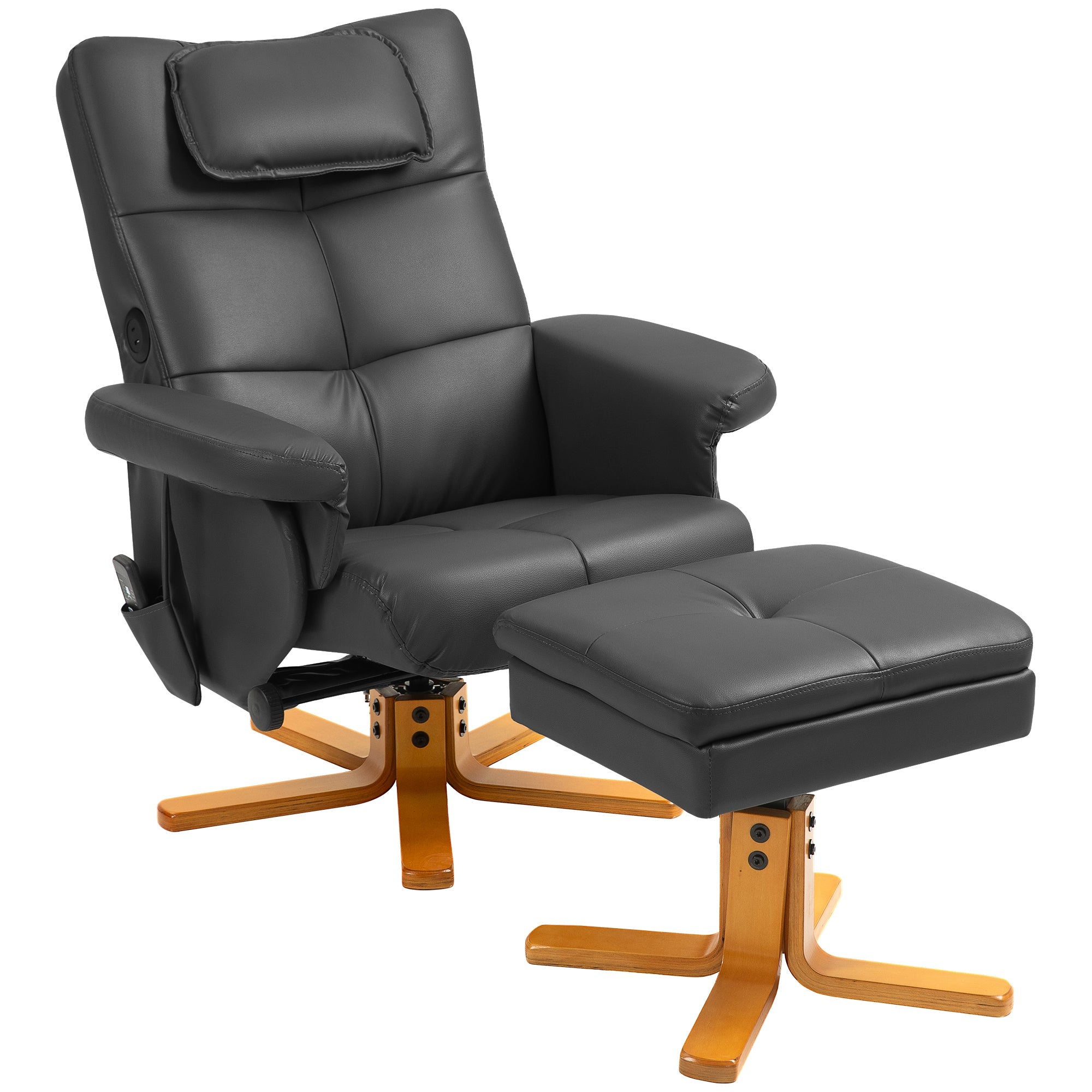 Reclining Massage Armchair with Footstool, Storage, Side Pocket - Faux Leather Black