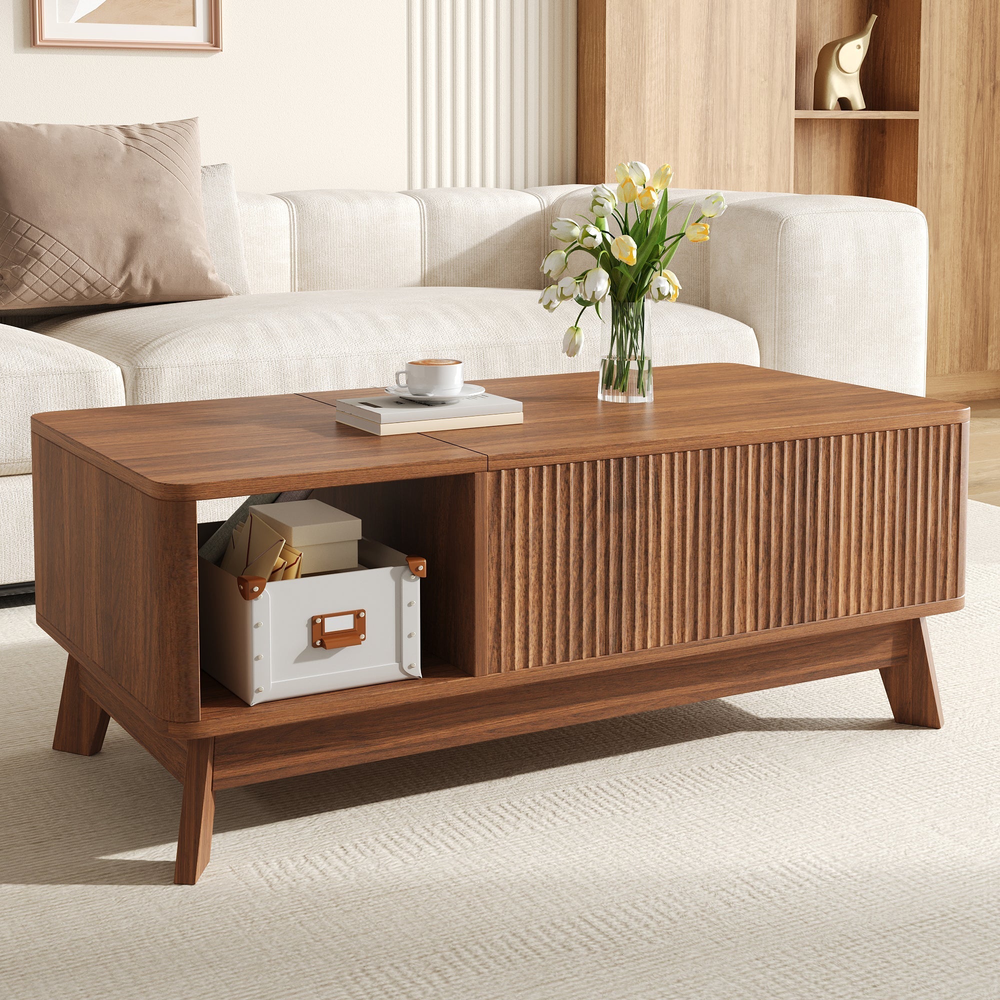 Coffee Table with Lifting Mechanism, Wave Design and Side Compartment, MDF Material