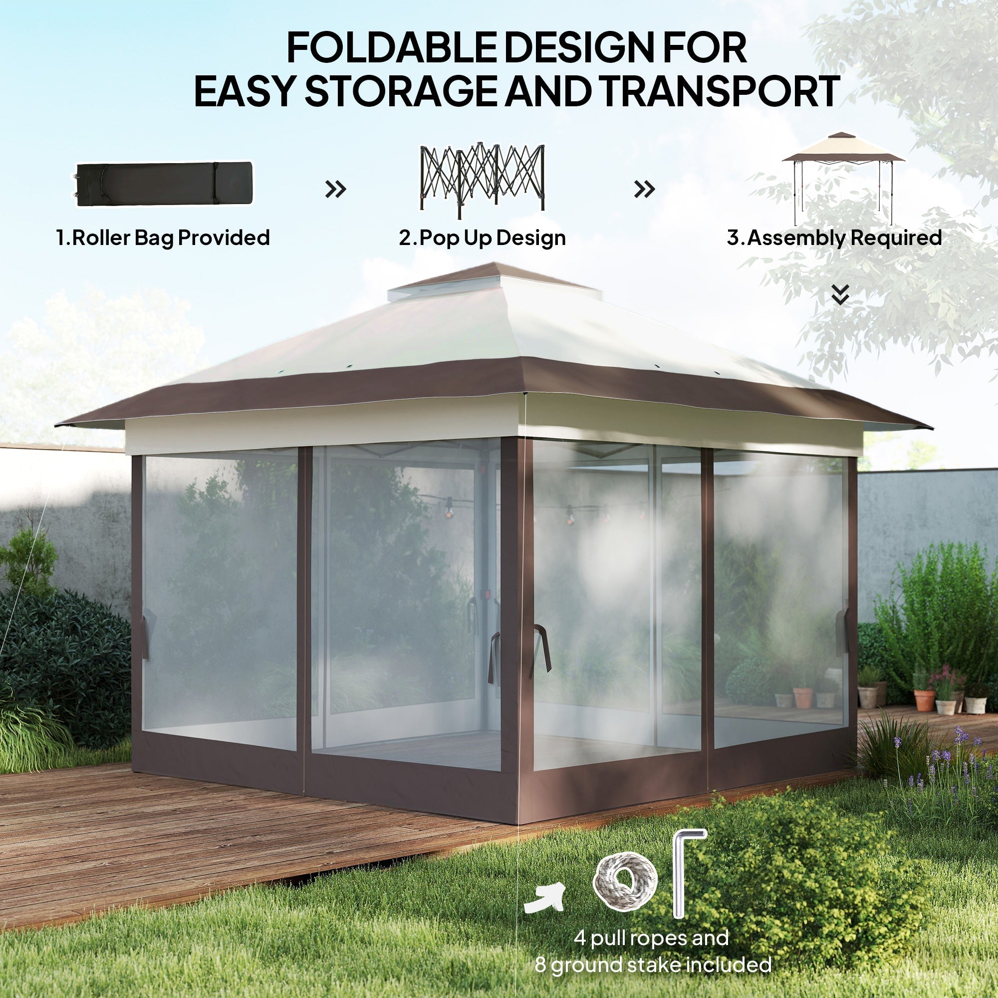 Pop up Gazebo 3.6 x 3.6m Height Adjustable with Netting, Khaki