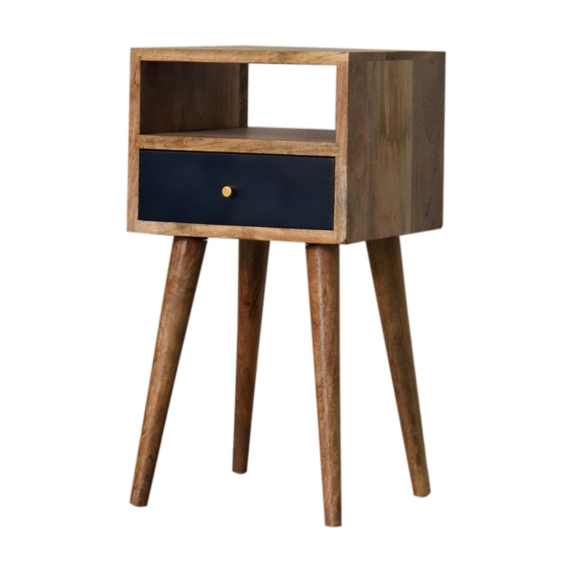 Solid Wood Bedside, Mini 1 Drawer Open Shelf, Navy Blue Hand Painted Light Brown