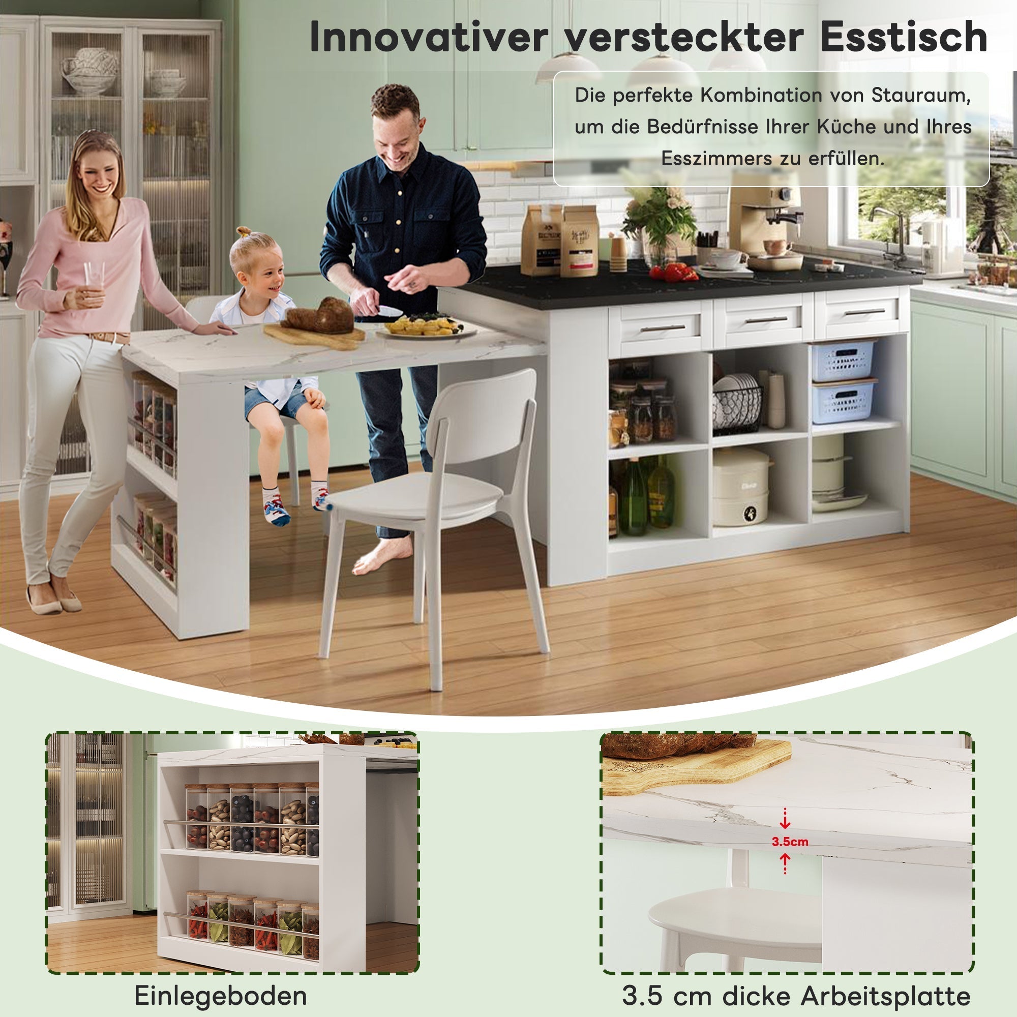 Kitchen Island Extendable Dining Table Storage Marbled Worktop White