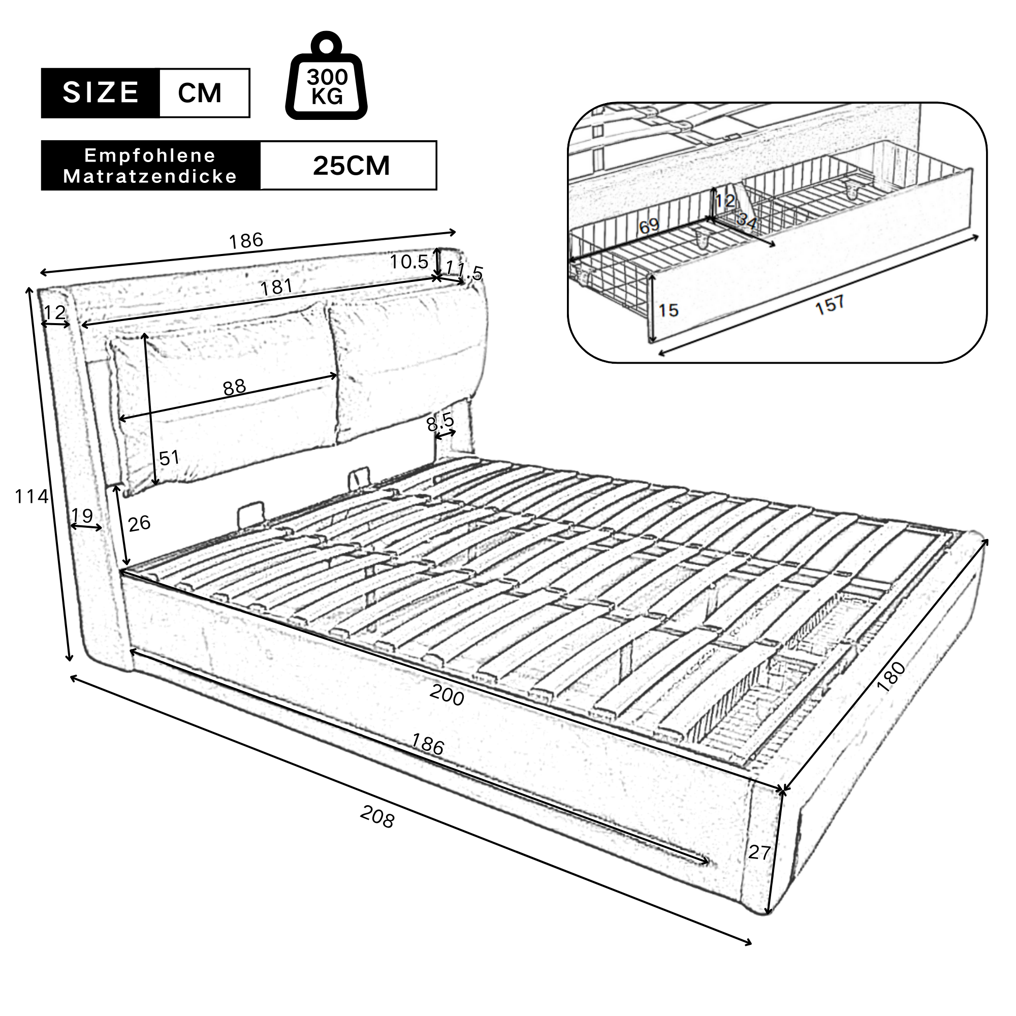 Upholstered Bed 180x200 Hydraulic Storage Drawers LED Light - Velvet Beige