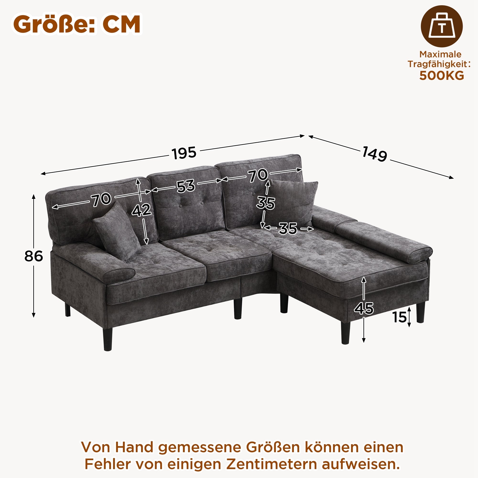 L-Shaped Corner Sofa with Sleeping Function and Movable Footrest, Chenille