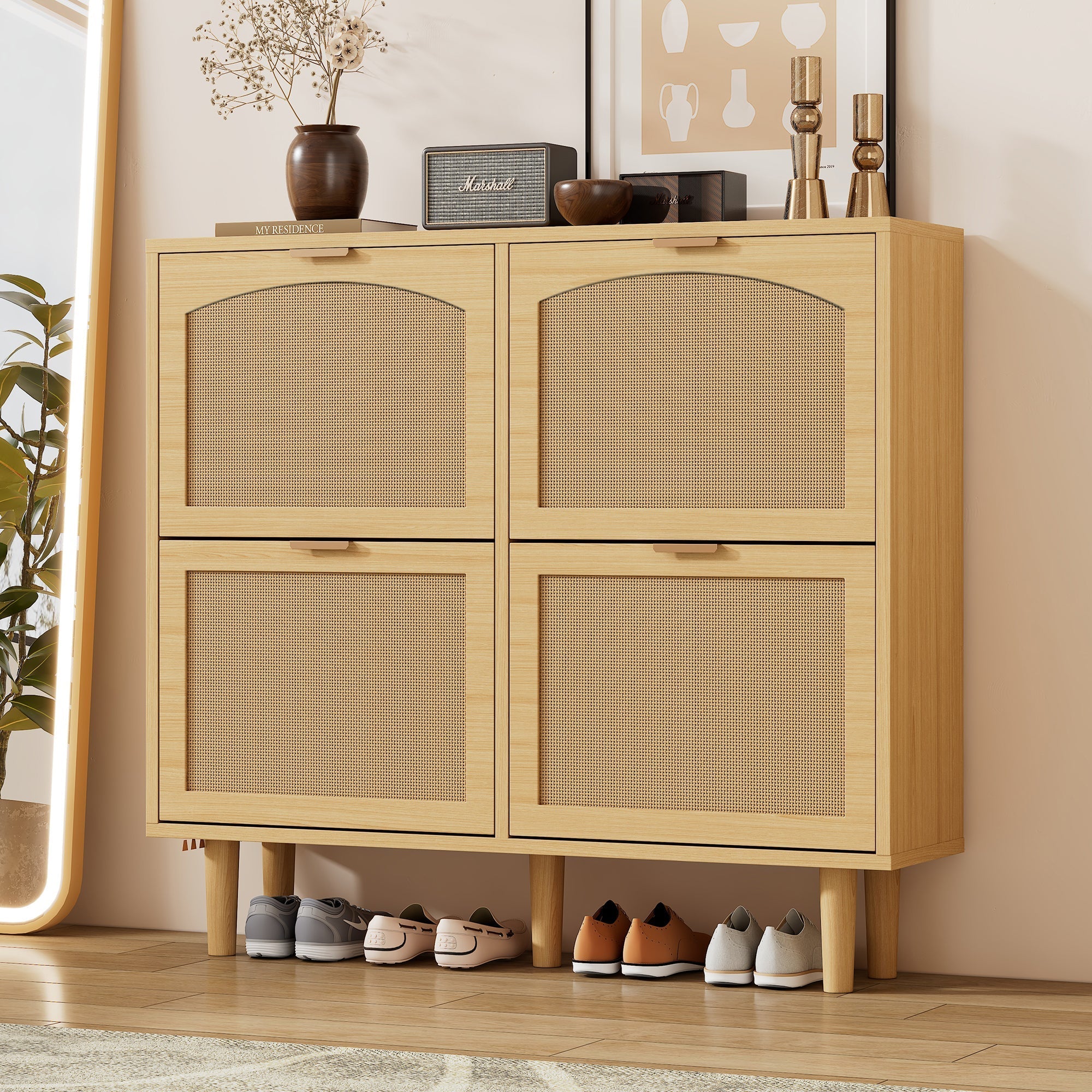 Shoe cabinet with 4 folding drawers, rattan and metal, wooden