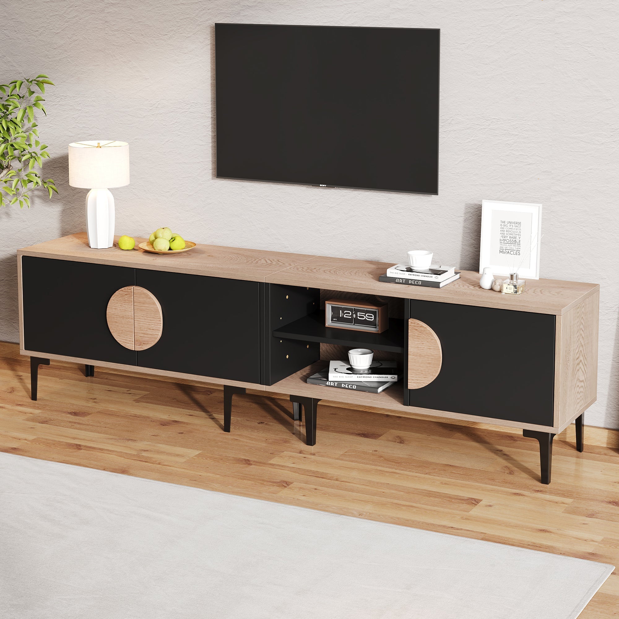 TV Cabinet Lowboard 180cm 2 Cabinets Open Shelves for 80 Inch TV - Wood/Black