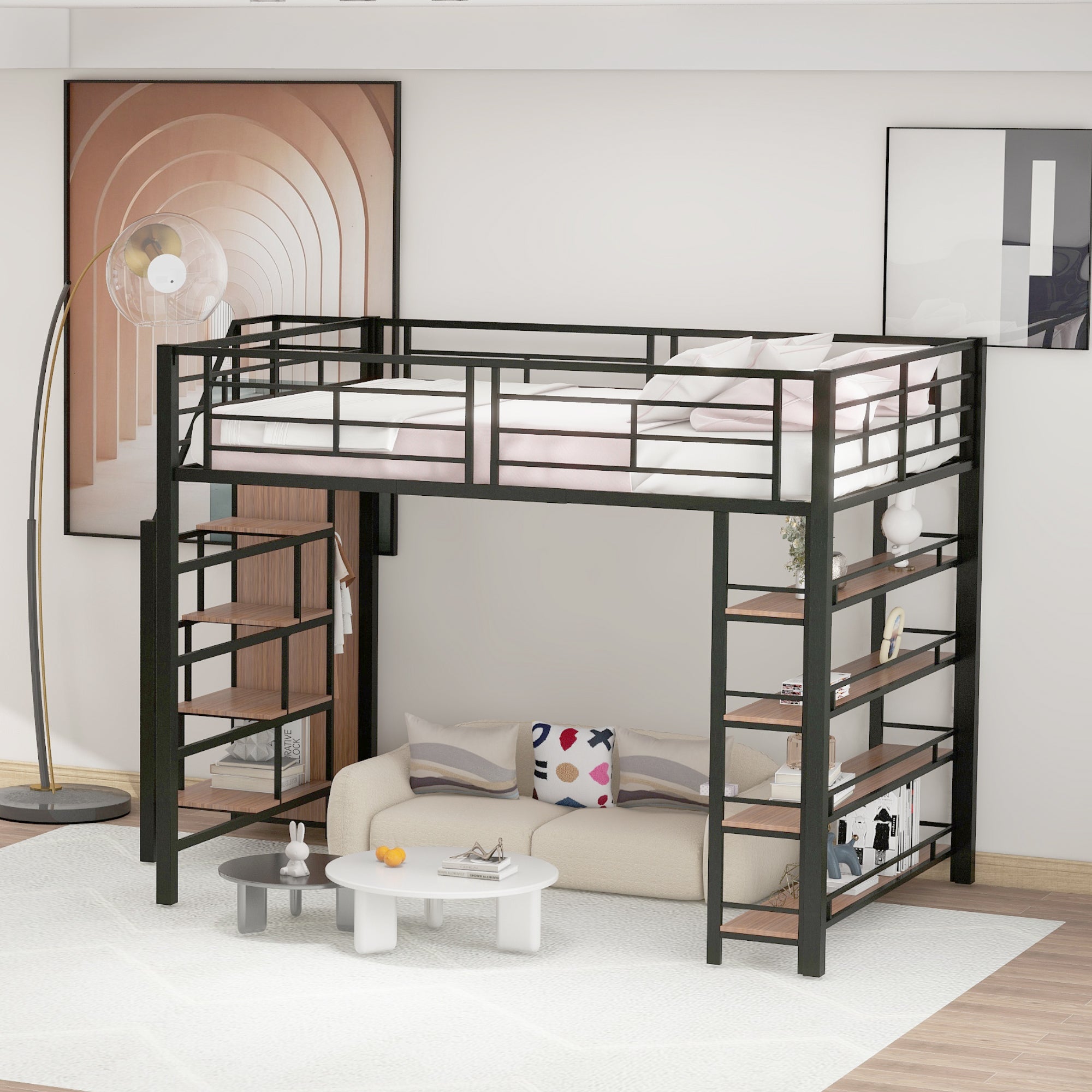 Loft Bed 140*200, Safety Stairs, Storage, Wardrobe, Shelves, Black