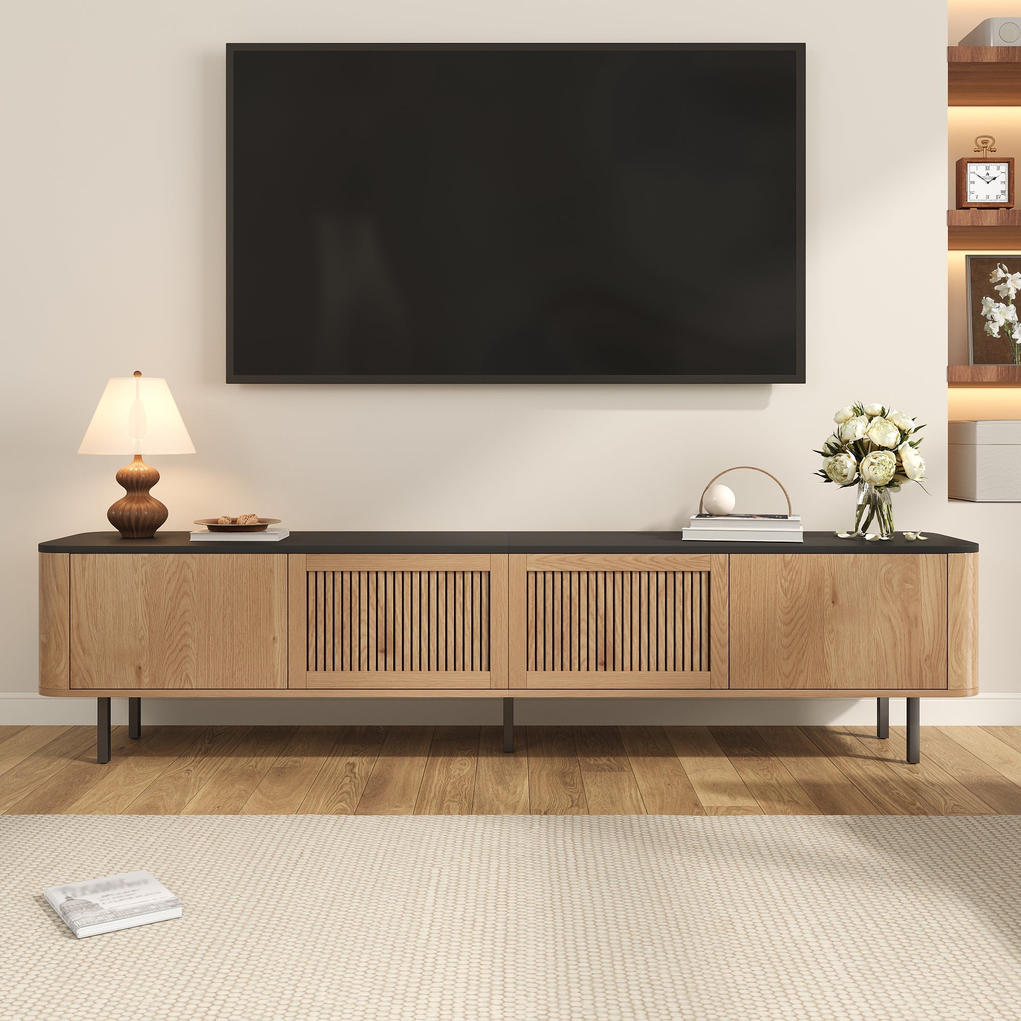 Modern TV Cabinet with Mesh Doors and Storage Compartments, Black and Oak finish
