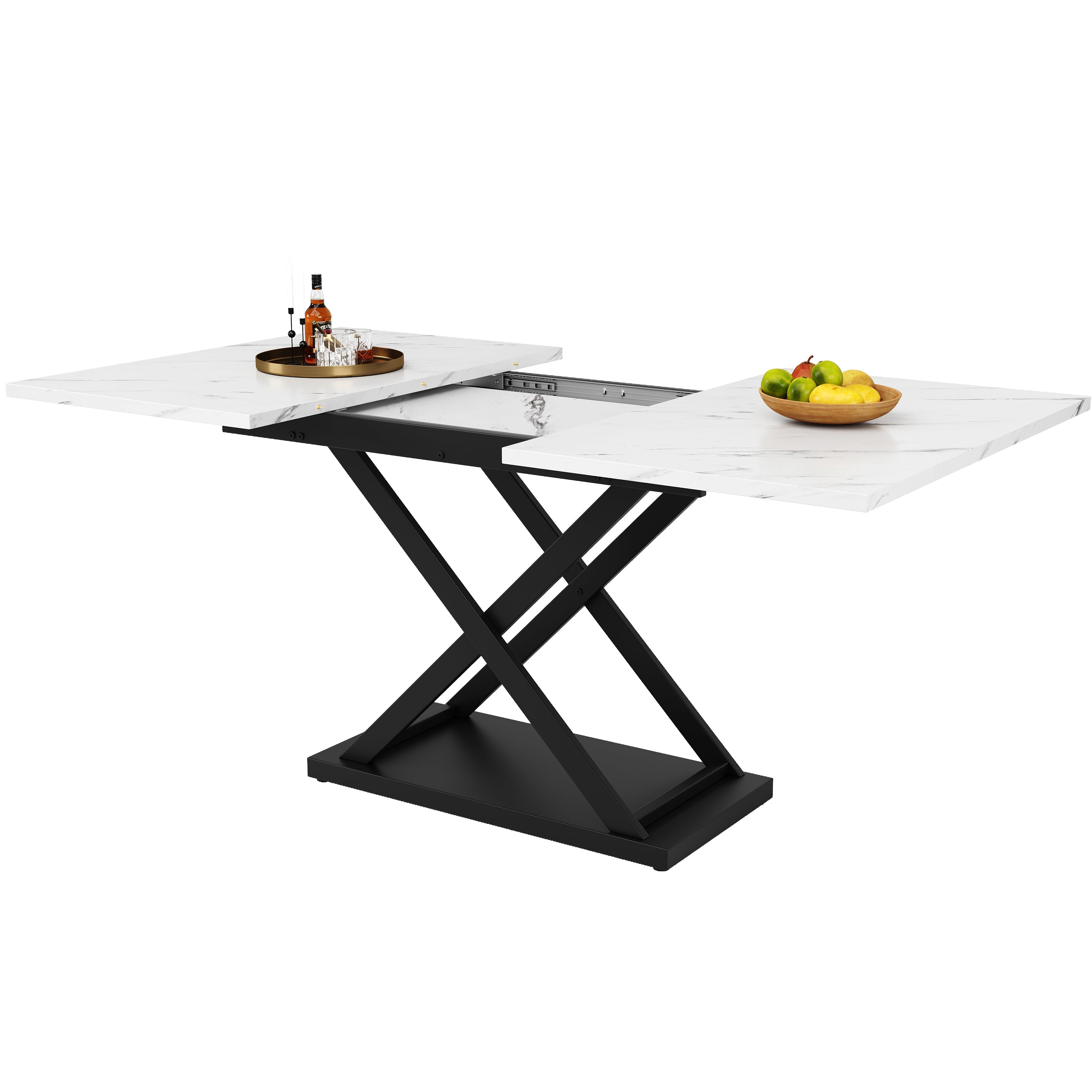 Telescopic Dining Table Extendable 120-160x80cm Crossed Iron Legs - White Marble/Black