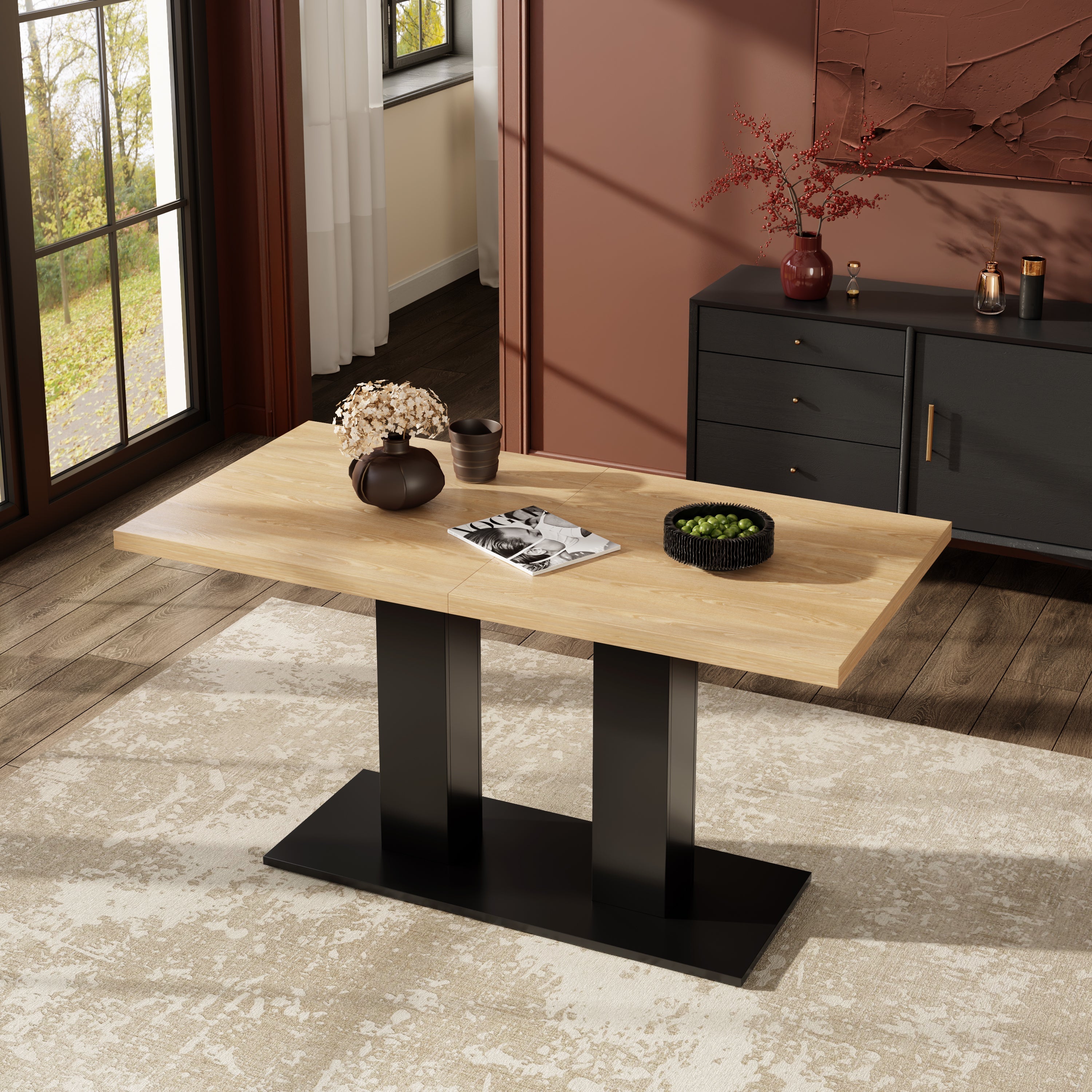 Extendable Dining Table, 140/180x70cm for 6-8 People, Natural Wood Color