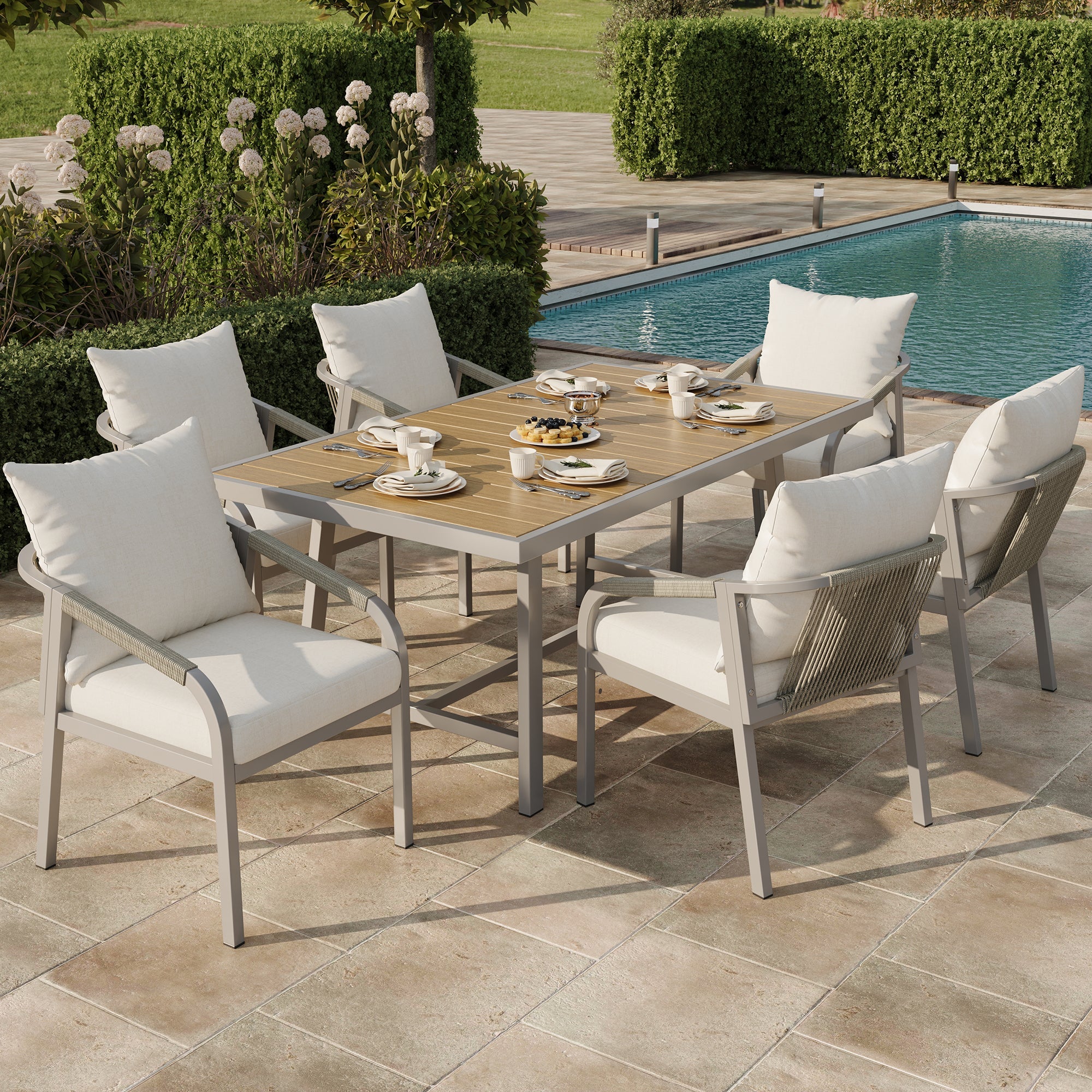 Garden Dining Set for 6 People with Plastic Wood Tabletop and Woven Rope Chairs, Khaki and Beige