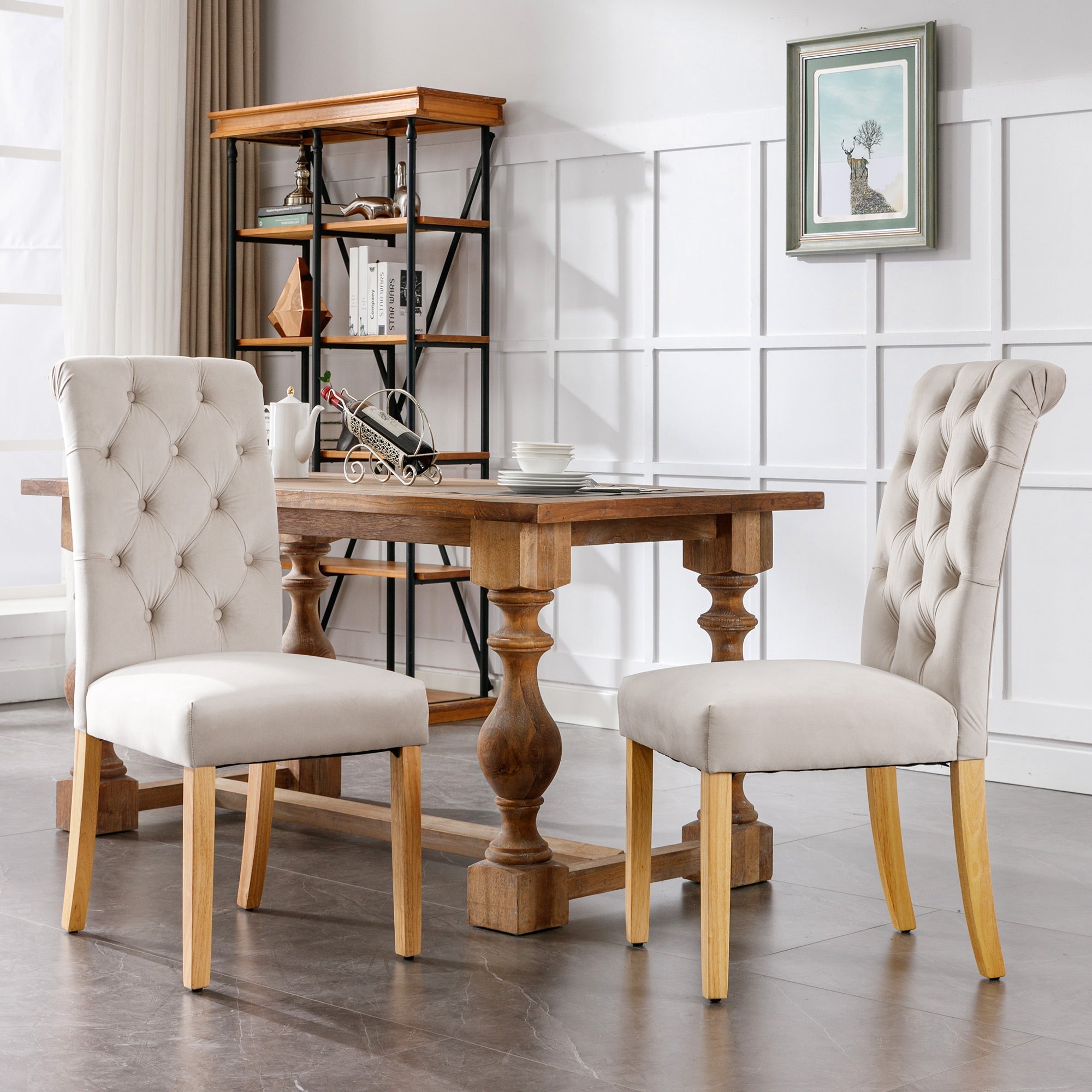 Velvet Dining Chairs Set of 6 with Oak Legs and Chrome Knockers, Beige