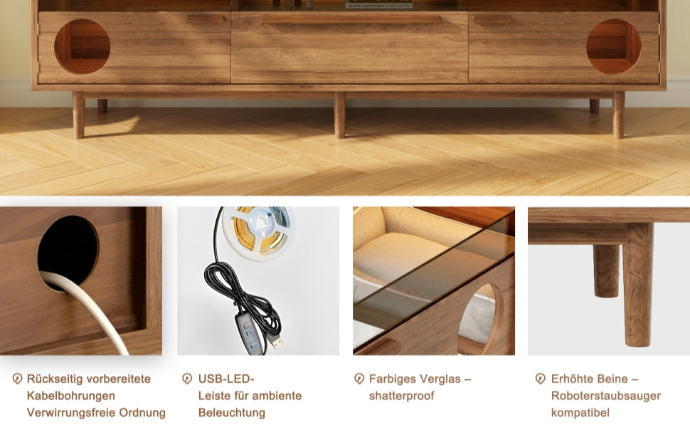 Modern TV Cabinet LED Lighting Cat Rest Area Glass Doors 1 Drawer, Walnut Color